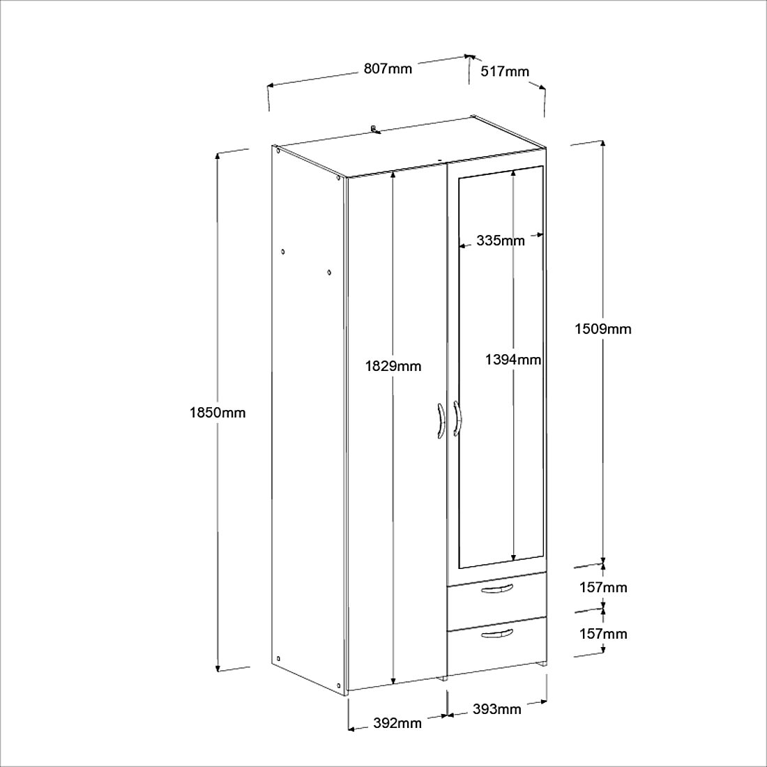 Ντουλάπα Dorm δίφυλλη με καθρέπτη 3