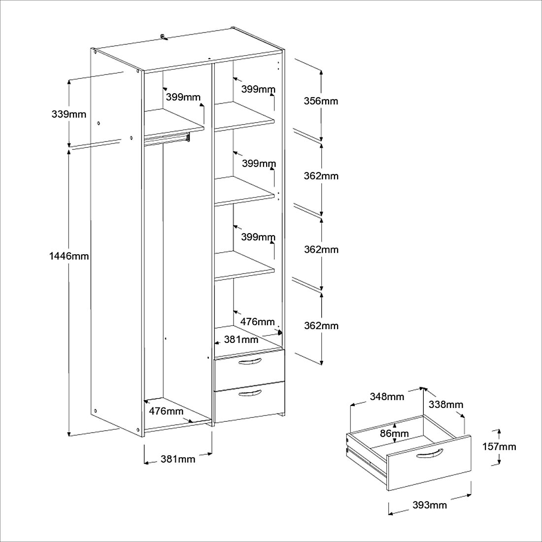 Ντουλάπα Dorm δίφυλλη με καθρέπτη 5