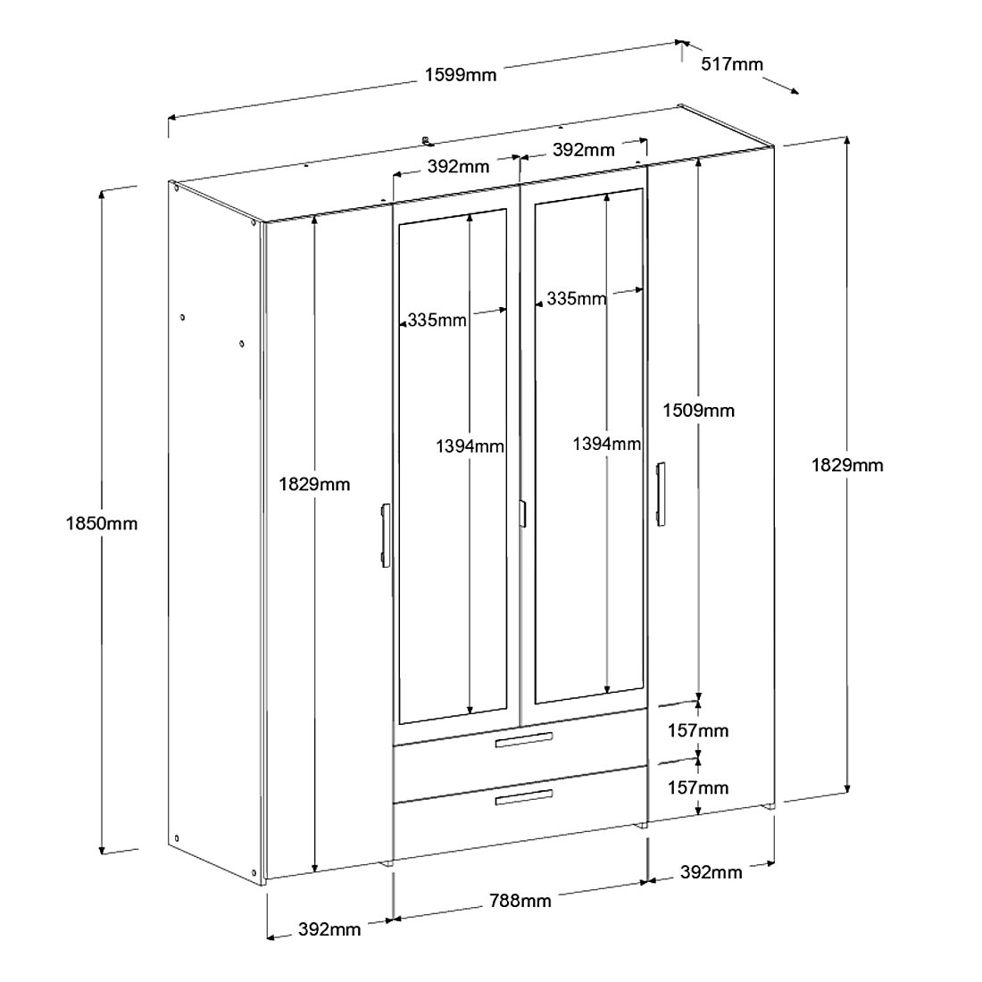 Ντουλάπα Dorm τετράφυλλη με καθρέπτη 3