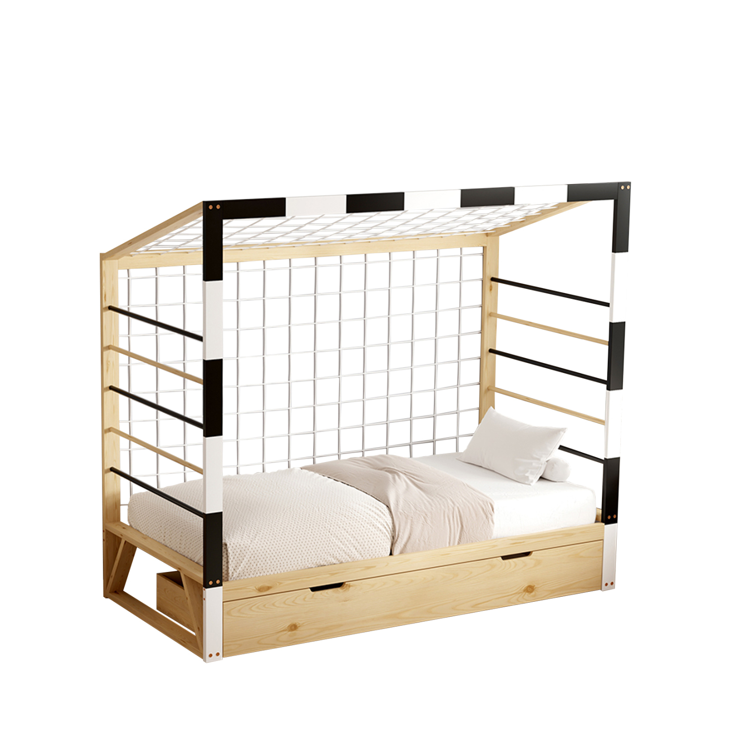 ΚΡΕΒΑΤΙ ΠΑΙΔΙΚΟ τ.MONTESSORI ΜΕ ΣΥΡΤΑΡΙ GOALIE ΞΥΛΟ ΠΕΥΚΟΥ ΦΥΣΙΚΟ-ΛΕΥΚΟ-ΜΑΥΡΟ- 190x90εκ 1