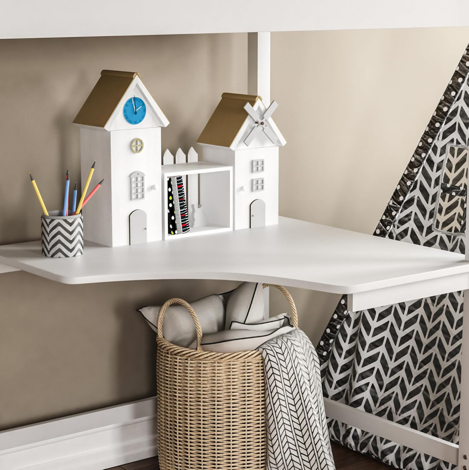 ΠΑΙΔΙΚΟ ΚΡΕΒΑΤΙ ΚΟΥΚΕΤΑ ΜΕ ΓΡΑΦΕΙΟ AKRON ΞΥΛΟ ΠΕΥΚΟΥ ΛΕΥΚΟ-ΣΤΡΩΜΑ 90x190εκ 4