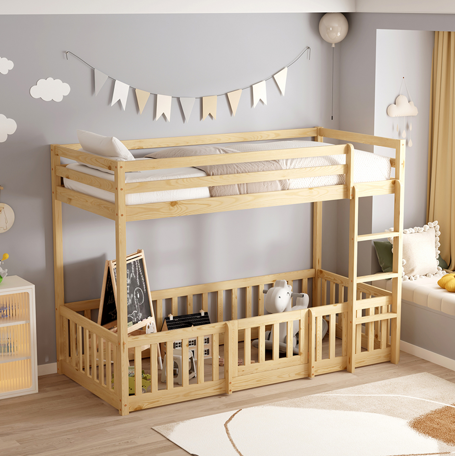 ΠΑΙΔΙΚΗ ΚΟΥΚΕΤΑ τ.MONTESSORI ΜΕ ΠΑΡΚΑΚΙ PLAYKID ΞΥΛΟ ΠΕΥΚΟΥ ΦΥΣΙΚΟ ΓΙΑ 190x90εκ 2