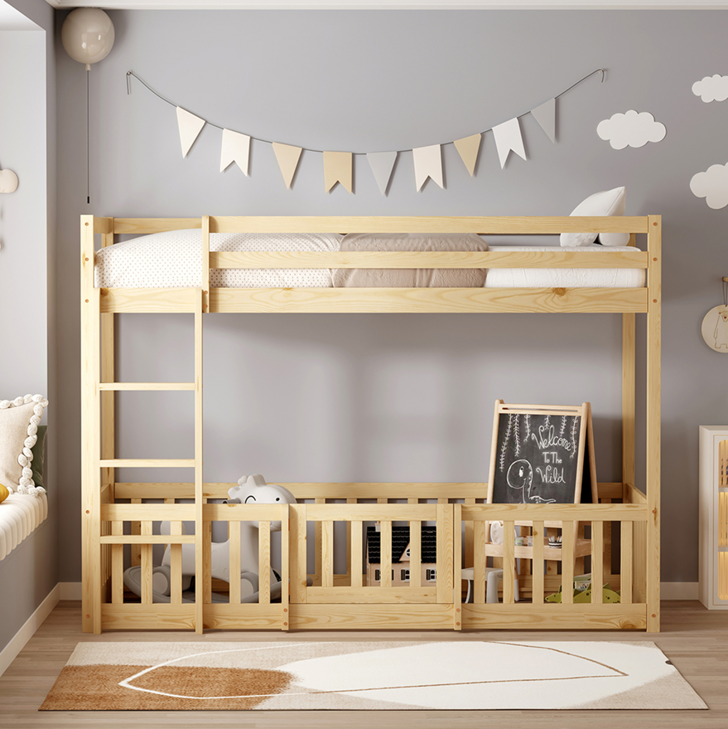 ΠΑΙΔΙΚΗ ΚΟΥΚΕΤΑ τ.MONTESSORI ΜΕ ΠΑΡΚΑΚΙ PLAYKID ΞΥΛΟ ΠΕΥΚΟΥ ΦΥΣΙΚΟ ΓΙΑ 190x90εκ 4