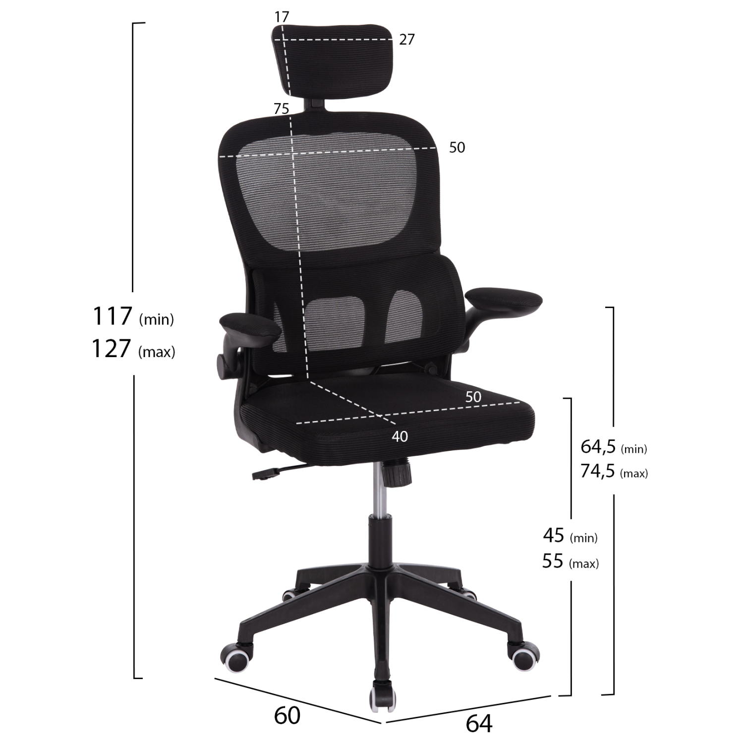 ΚΑΡΕΚΛΑ ΓΡΑΦΕΙΟΥ BASTON ΜΑΥΡΟ MESH & PP ΣΚΕΛΕΤΟΣ 64x60x117-127Υεκ. 2