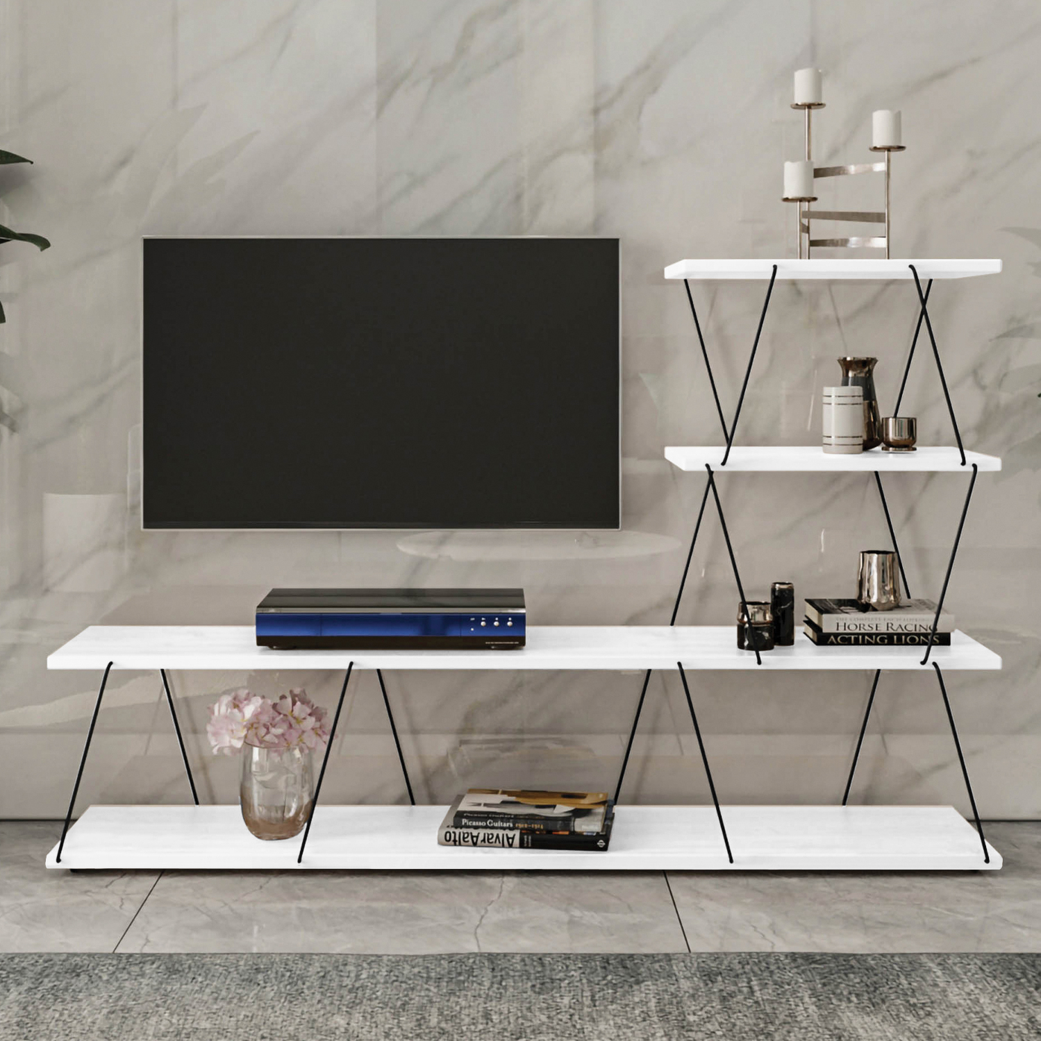 ΕΠΙΠΛΟ ΤΗΛΕΟΡΑΣΗΣ TARS ΜΕΛΑΜΙΝΗ & ΜΕΤΑΛΛΟ ΛΕΥΚΟ ΜΑΥΡΟ 150x30x93εκ. 2