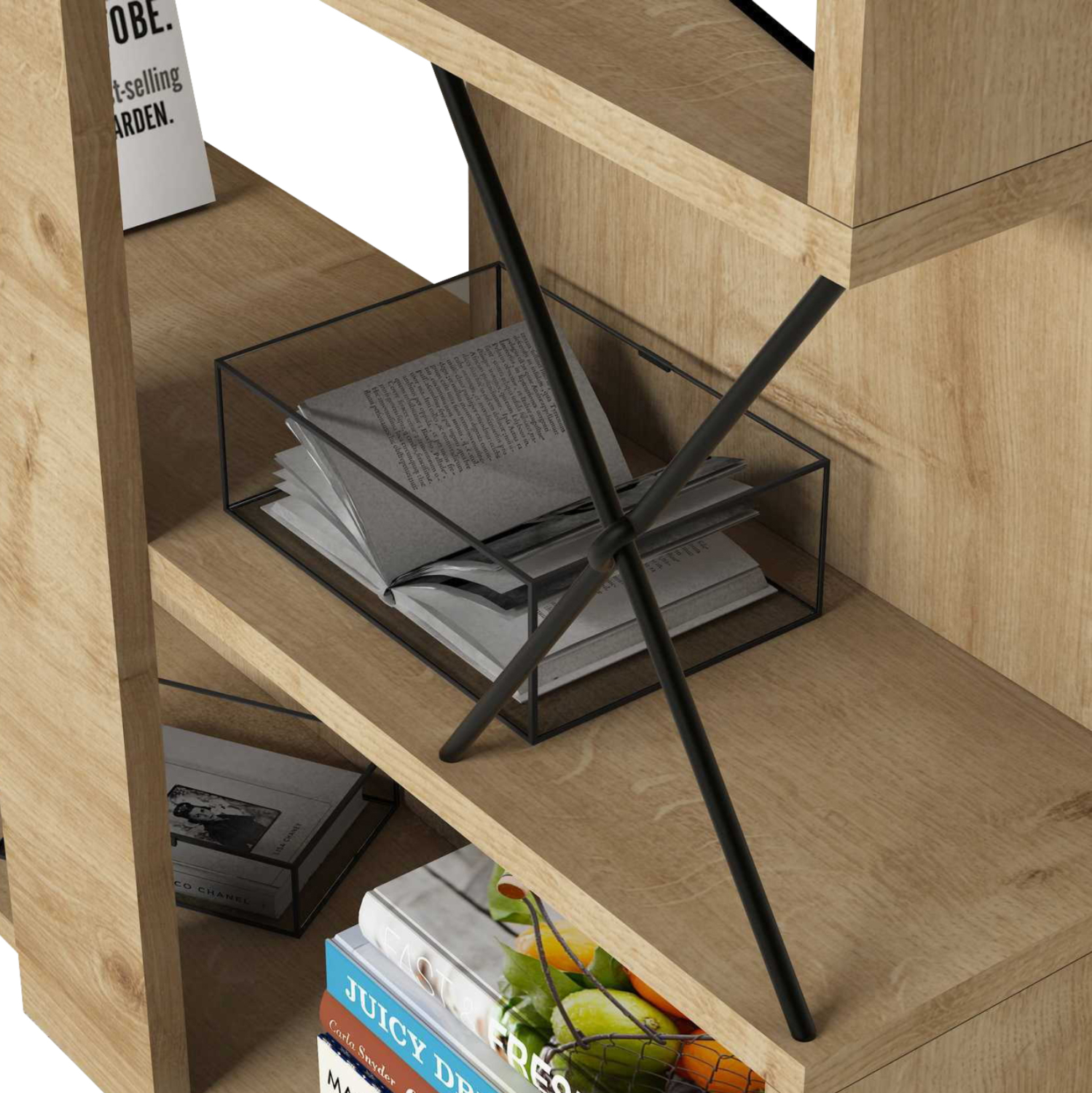 ΒΙΒΛΙΟΘΗΚΗ ΜΕΛΑΜΙΝΗΣ ΣΕ ΦΥΣΙΚΟ ΧΡΩΜΑ-ΜΑΥΡΑ ΜΕΤΑΛΛΙΚΑ ΠΟΔΙΑ 90x22x167.3Yεκ. 5