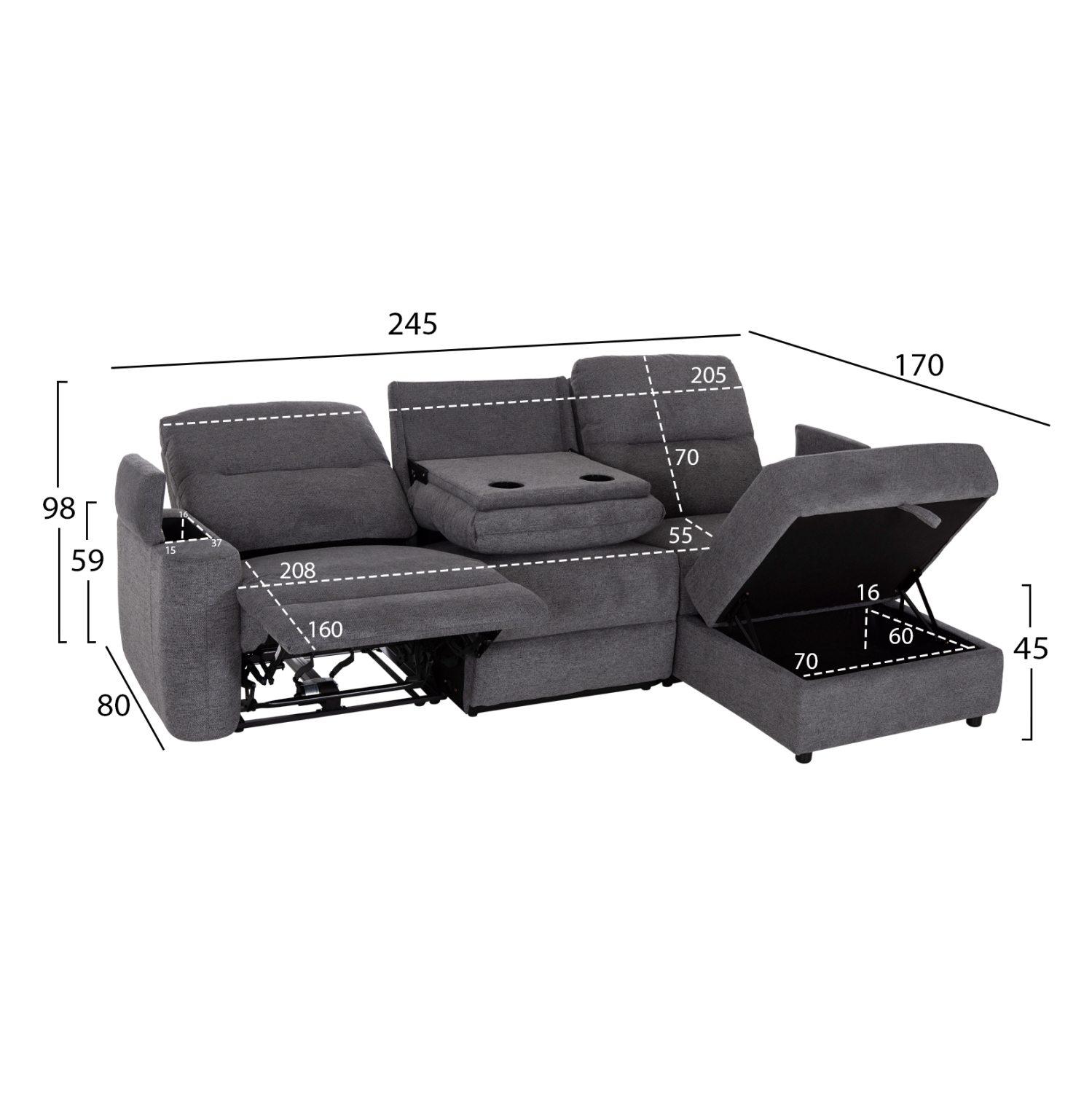 ΚΑΝΑΠΕΣ ΔΕΞΙΑ ΓΩΝΙΑ SYNTHIA ΑΝΑΚΛΙΣΗ & ΑΠΟΘ.ΧΩΡΟΣ--ΓΚΡΙ 246x159x97Υεκ 2