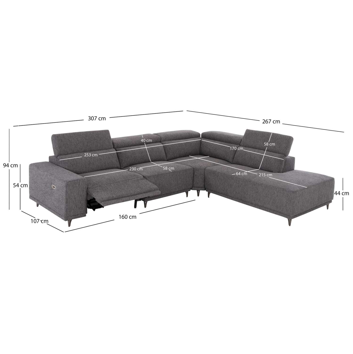 ΚΑΝΑΠΕΣ ΔΕΞΙΑ ΓΩΝΙΑ 5Θ ΜΕ RECLINE LUNARIS ΓΚΡΙ ΥΦΑΣΜΑ 307x267x94Yεκ 2
