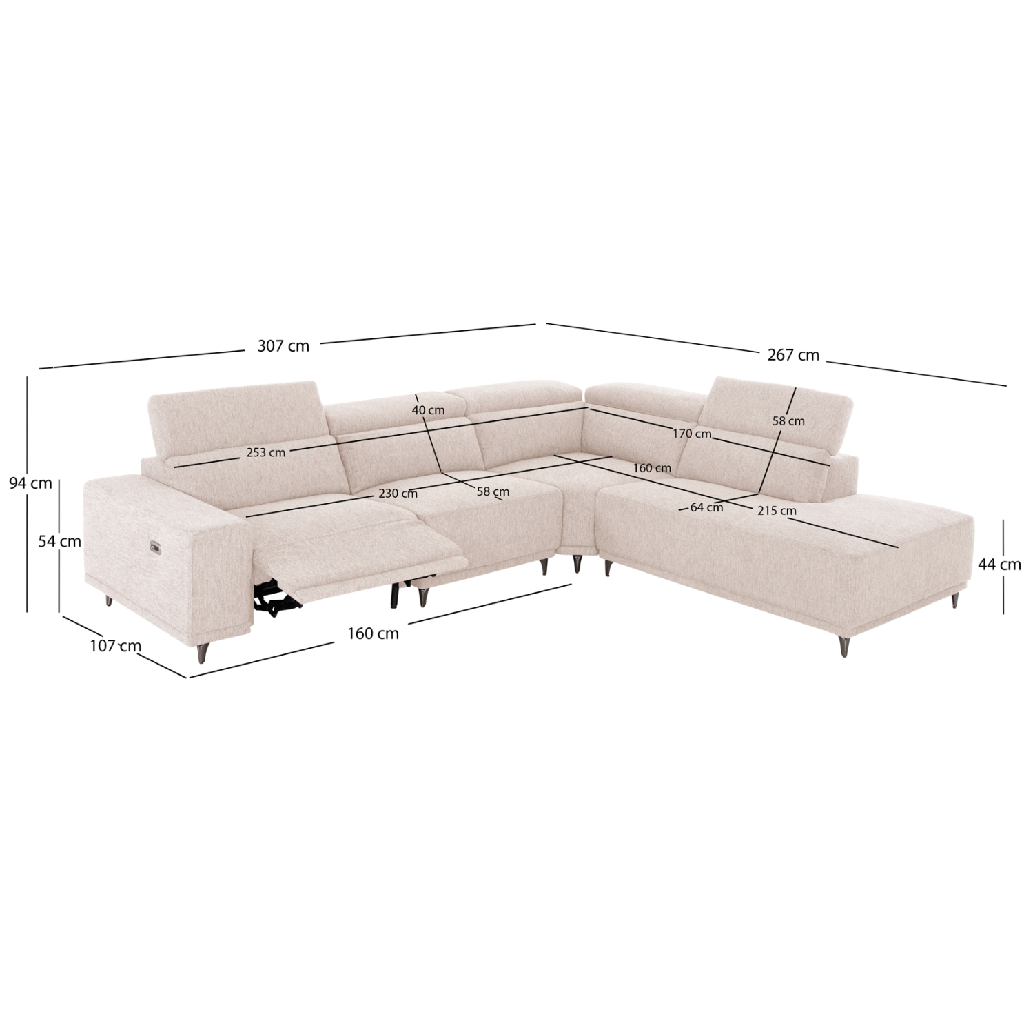 ΚΑΝΑΠΕΣ ΔΕΞΙΑ ΓΩΝΙΑ 5Θ ΜΕ RECLINE LUNARIS ΕΚΡΟΥ ΥΦΑΣΜΑ 307x267x94Yεκ 2