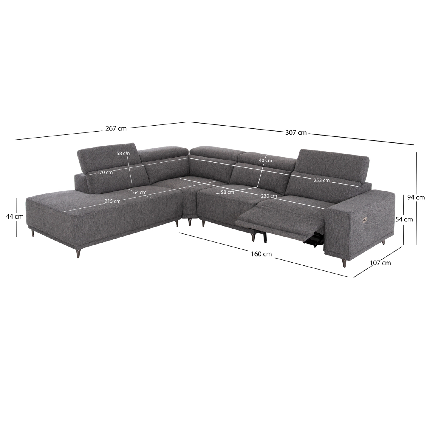 ΚΑΝΑΠΕΣ ΑΡΙΣΤΕΡΗ ΓΩΝΙΑ 5Θ ΜΕ RECLINE LUNARIS ΓΚΡΙ ΥΦΑΣΜΑ 307x267x94Yεκ 2