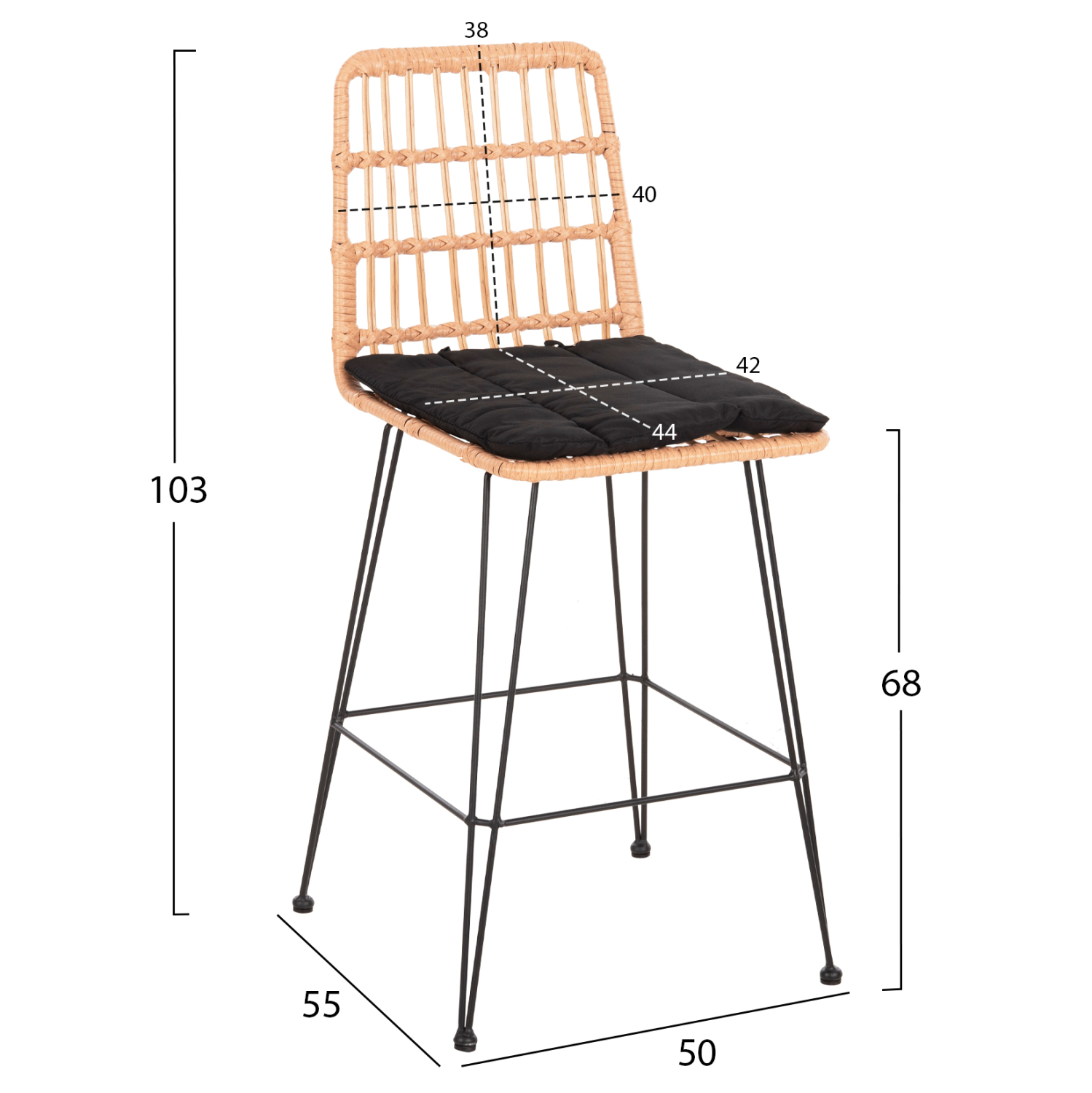 ΣΚΑΜΠΟ ΜΕΣ.ΥΨΟΥΣ ALLEGRA HM5643.11 ΜΕΤΑΛΛΟ&amp;ΜΑΞΙΛΑΡΙ ΜΑΥΡΟ-WICKER ΜΠΕΖ 50x55x103Υεκ. 2