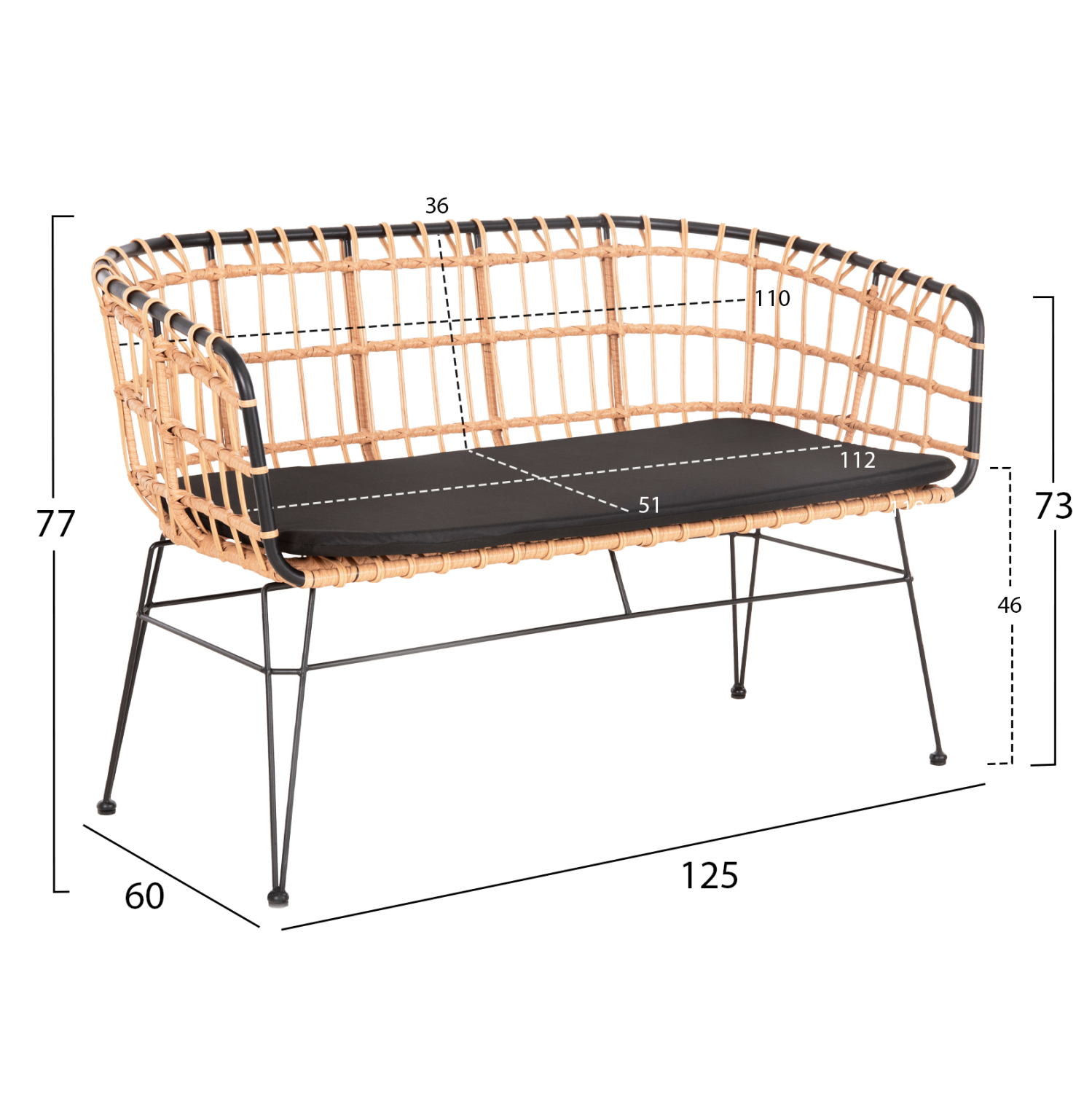ΠΑΓΚΑΚΙ ΔΙΘΕΣΙΟ ALLEGRA HM5692.11 P.E.RATTAN ΜΠΕΖ-ΜΑΥΡΟΣ ΜΕΤΑΛ.ΣΚΕΛΕΤΟΣ 125x60x77Υεκ 2
