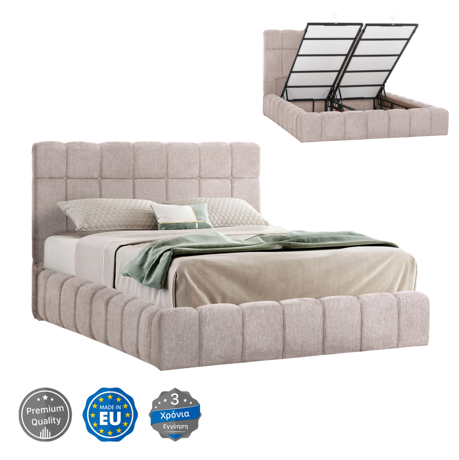 ΚΡΕΒΑΤΙ RAMON ΜΕ ΑΠΟΘΗΚΕΥΤΙΚΟ ΧΩΡΟ ΥΦΑΣΜΑ ΜΠΟΥΚΛΕ ΜΠΕΖ-ΣΤΡΩΜΑ 160x200εκ 1