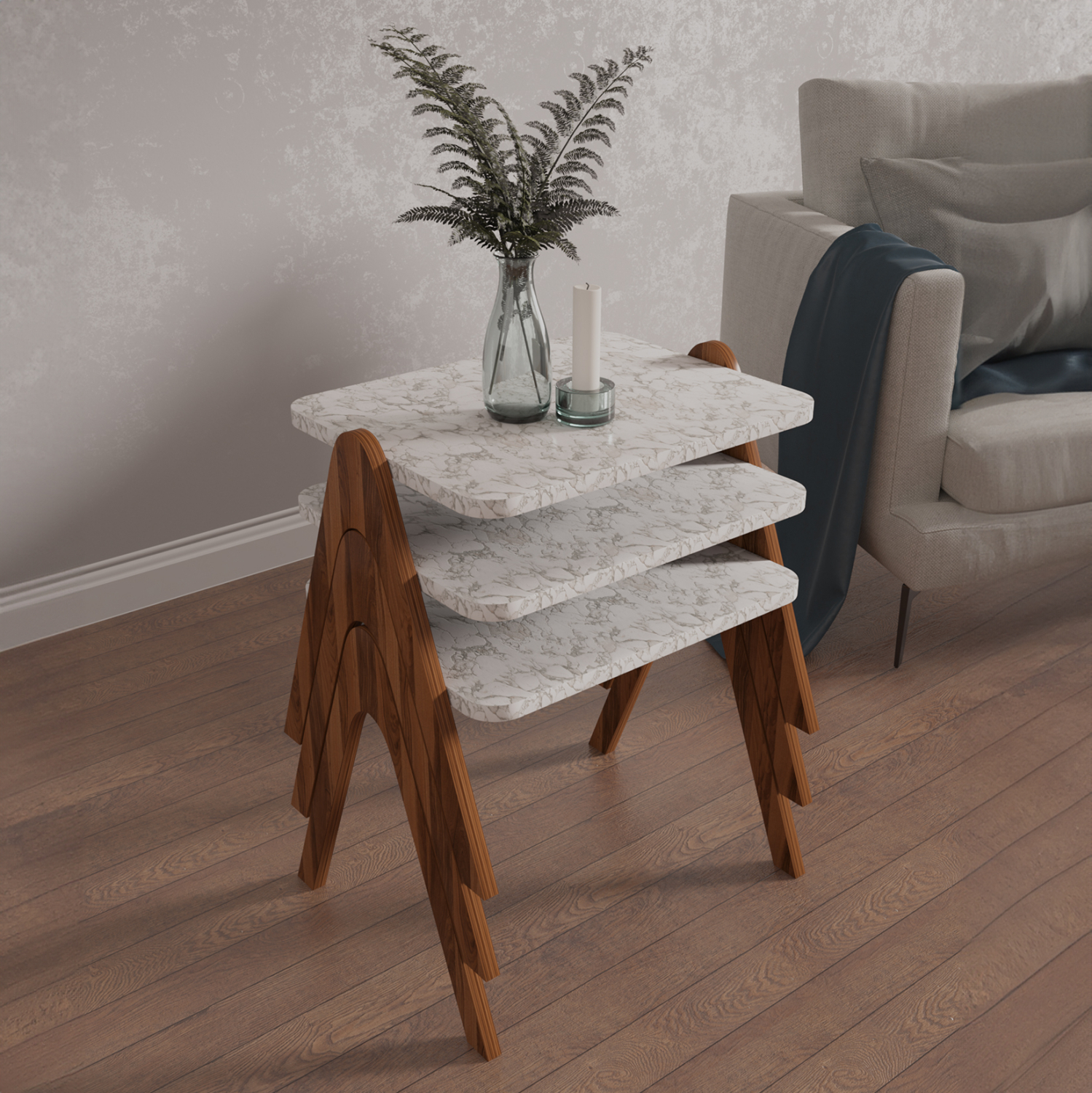 ΣΕΤ 3ΤΜΧ ΒΟΗΘΗΤΙΚΑ ΤΡΑΠΕΖΑΚΙΑ REACHER ΜΕΛΑΜΙΝΗ ΣΕ ΚΑΡΥΔΙ-ΛΕΥΚΟ ΜΑΡΜΑΡΟ 40x30x40Υεκ. 2