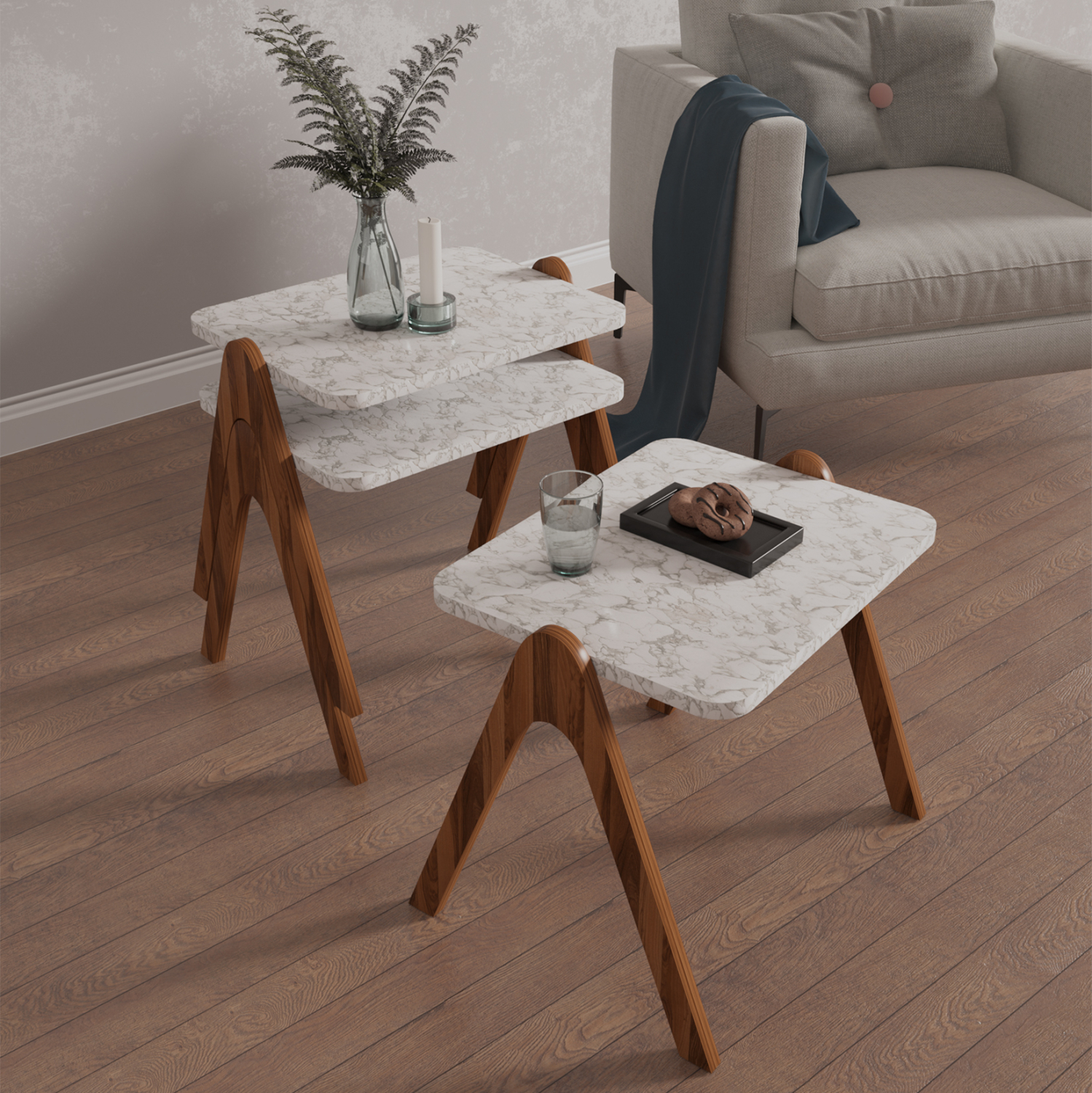 ΣΕΤ 3ΤΜΧ ΒΟΗΘΗΤΙΚΑ ΤΡΑΠΕΖΑΚΙΑ REACHER ΜΕΛΑΜΙΝΗ ΣΕ ΚΑΡΥΔΙ-ΛΕΥΚΟ ΜΑΡΜΑΡΟ 40x30x40Υεκ. 3