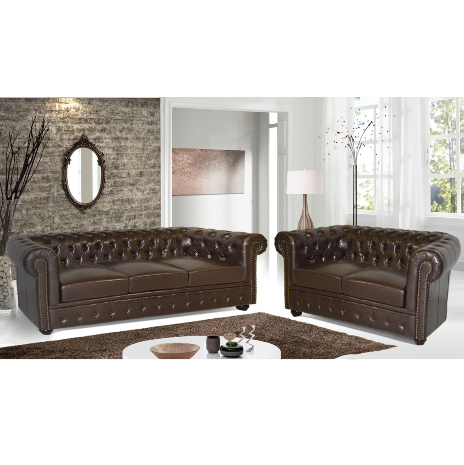 ΣΕΤ ΣΑΛΟΝΙ 2/ΘΕΣΙΟ & 3/ΘΕΣΙΟ CHESTERFIELD ΣΚΟΥΡΟ ΚΑΦΕ 2