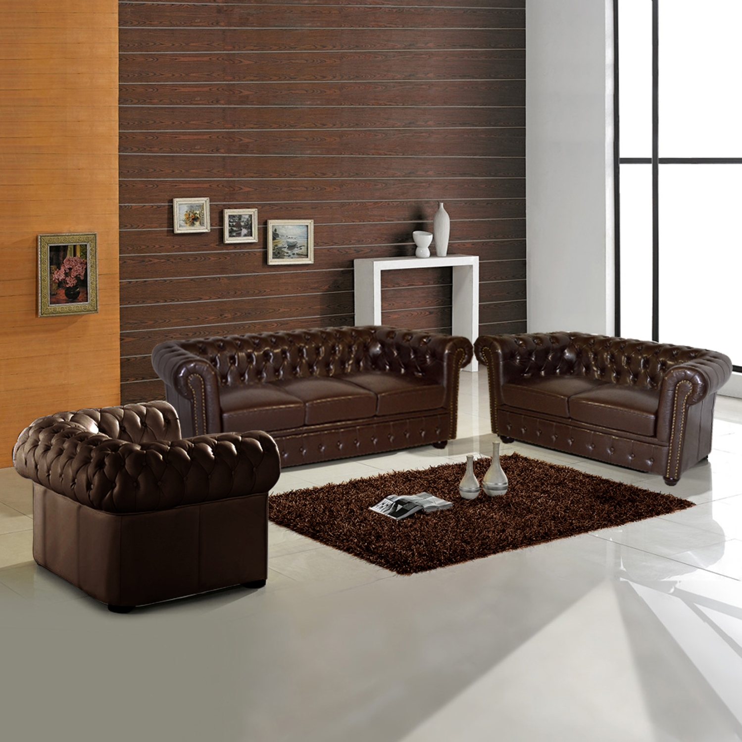 ΣΕΤ ΣΑΛΟΝΙ 2ΘΕΣΙΟ & 3ΘΕΣΙΟ & ΠΟΛΥΘΡΟΝΑ CHESTERFIELD ΣΚΟΥΡΟ ΚΑΦΕ 1