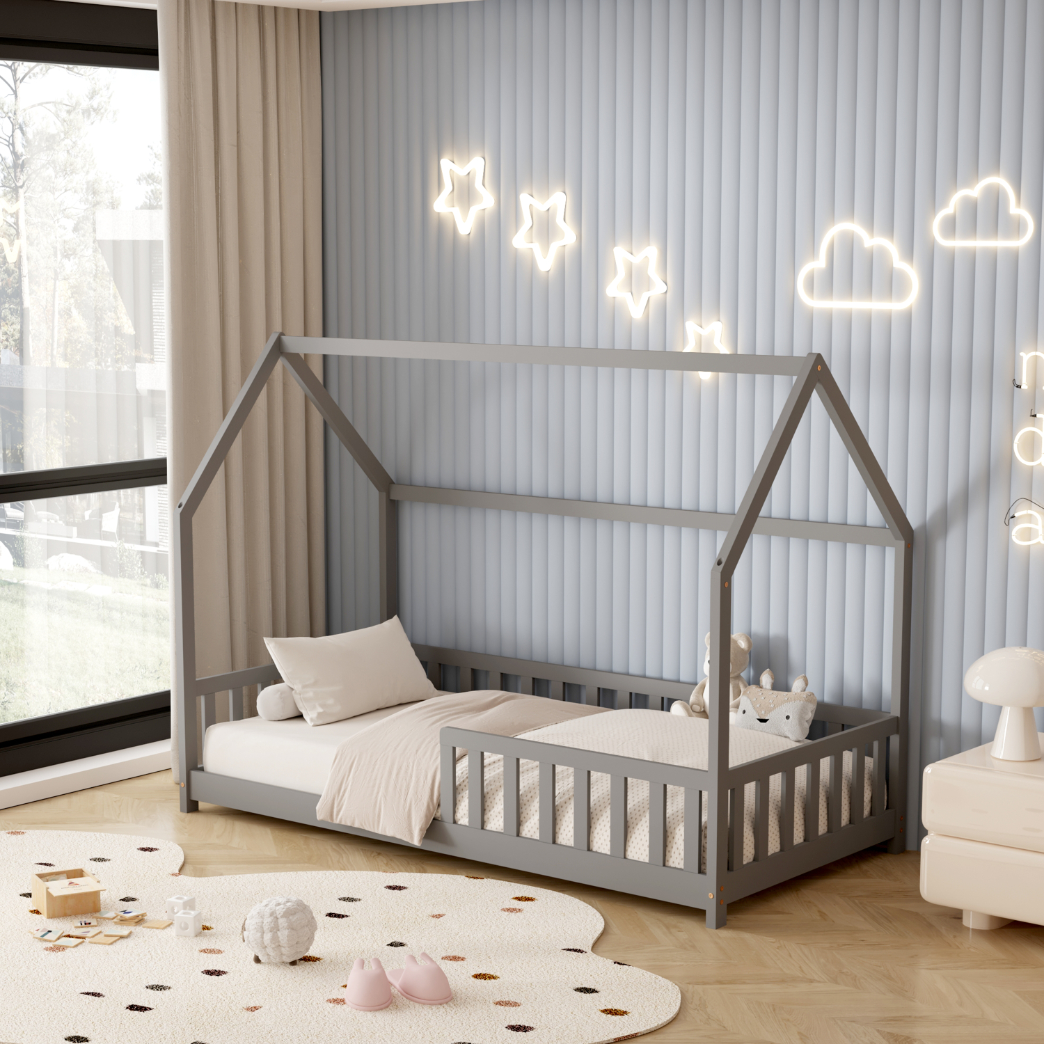 ΚΡΕΒΑΤΙ ΠΑΙΔΙΚΟ ΜΕ ΚΑΓΚΕΛΑ PHYLLIS HM679.05 τ.MONTESSORI ΞΥΛΟ ΠΕΥΚΟ ΓΚΡΙ-190x90εκ. 2