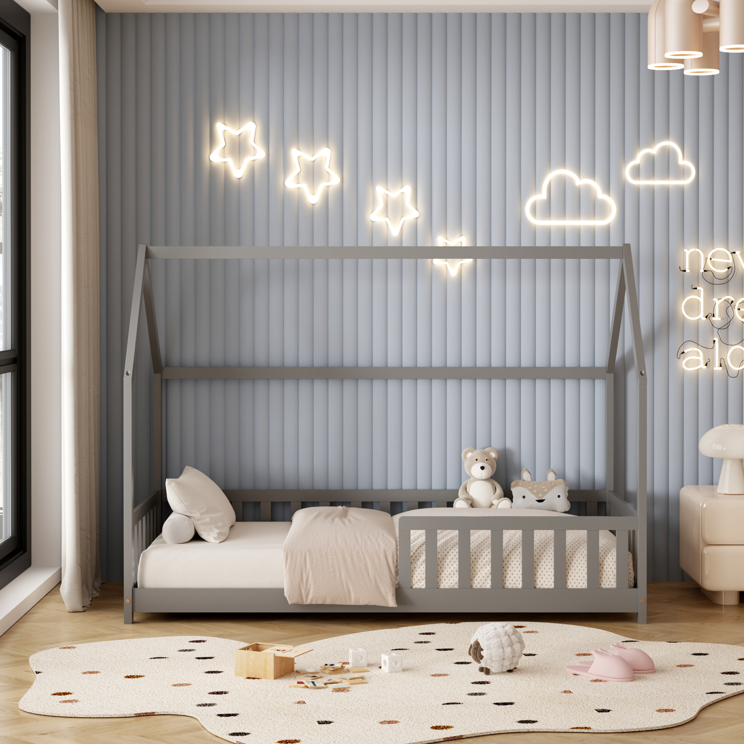 ΚΡΕΒΑΤΙ ΠΑΙΔΙΚΟ ΜΕ ΚΑΓΚΕΛΑ PHYLLIS HM679.05 τ.MONTESSORI ΞΥΛΟ ΠΕΥΚΟ ΓΚΡΙ-190x90εκ. 4