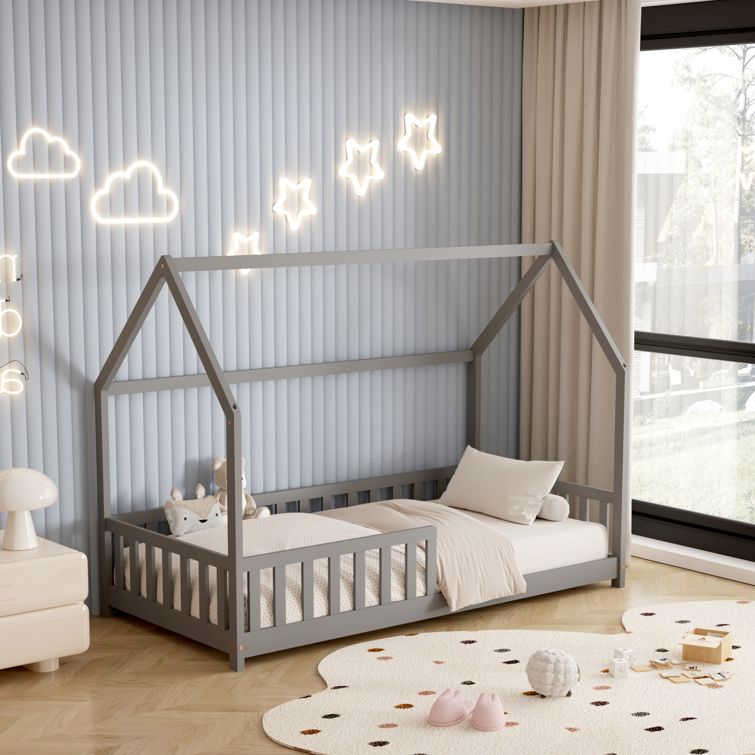 ΚΡΕΒΑΤΙ ΠΑΙΔΙΚΟ ΜΕ ΚΑΓΚΕΛΑ PHYLLIS HM679.05 τ.MONTESSORI ΞΥΛΟ ΠΕΥΚΟ ΓΚΡΙ-190x90εκ. 5