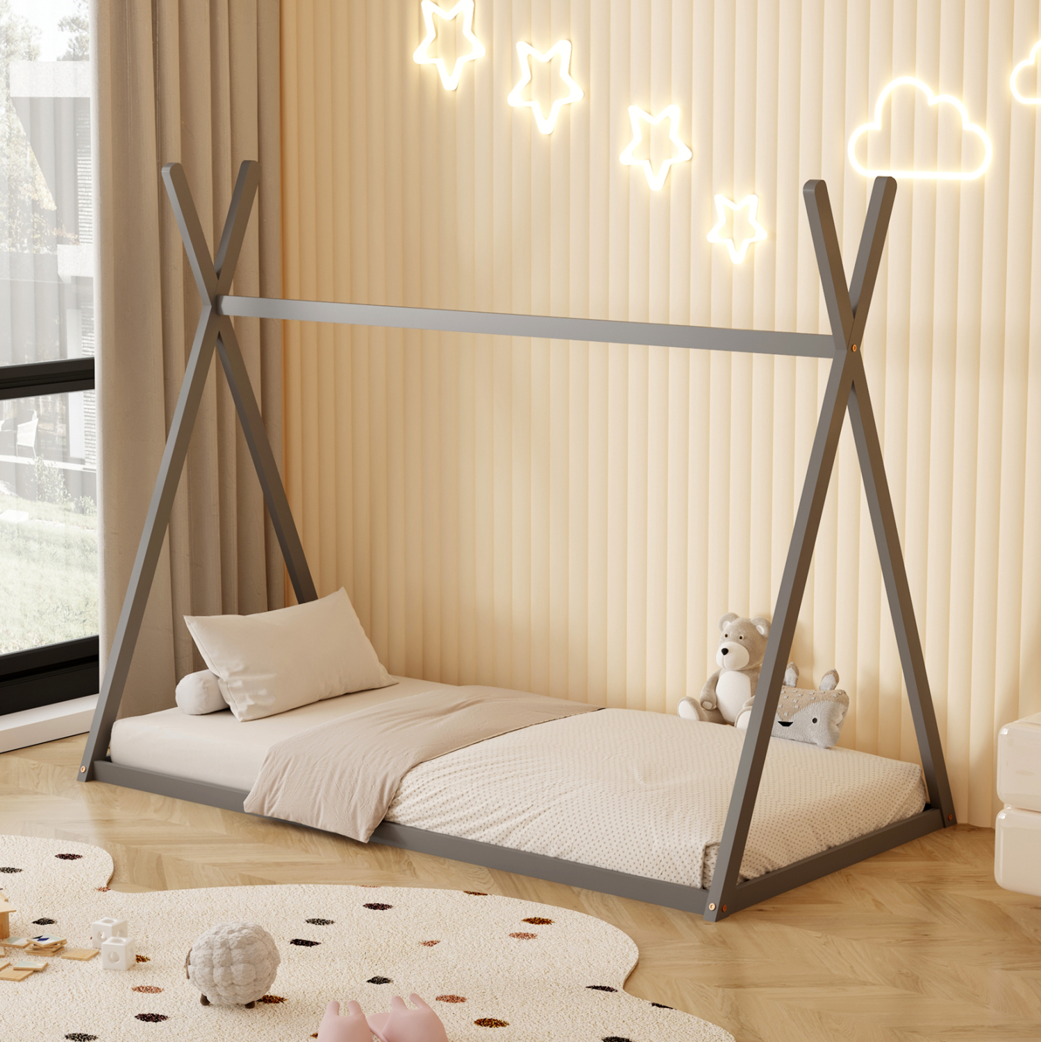 ΚΡΕΒΑΤΙ ΠΑΙΔΙΚΟ MUNK HM681.05 τ.MONTESSORI ΜΑΣΙΦ ΞΥΛΟ ΠΕΥΚΟΥ ΓΚΡΙ- 190x90εκ 2