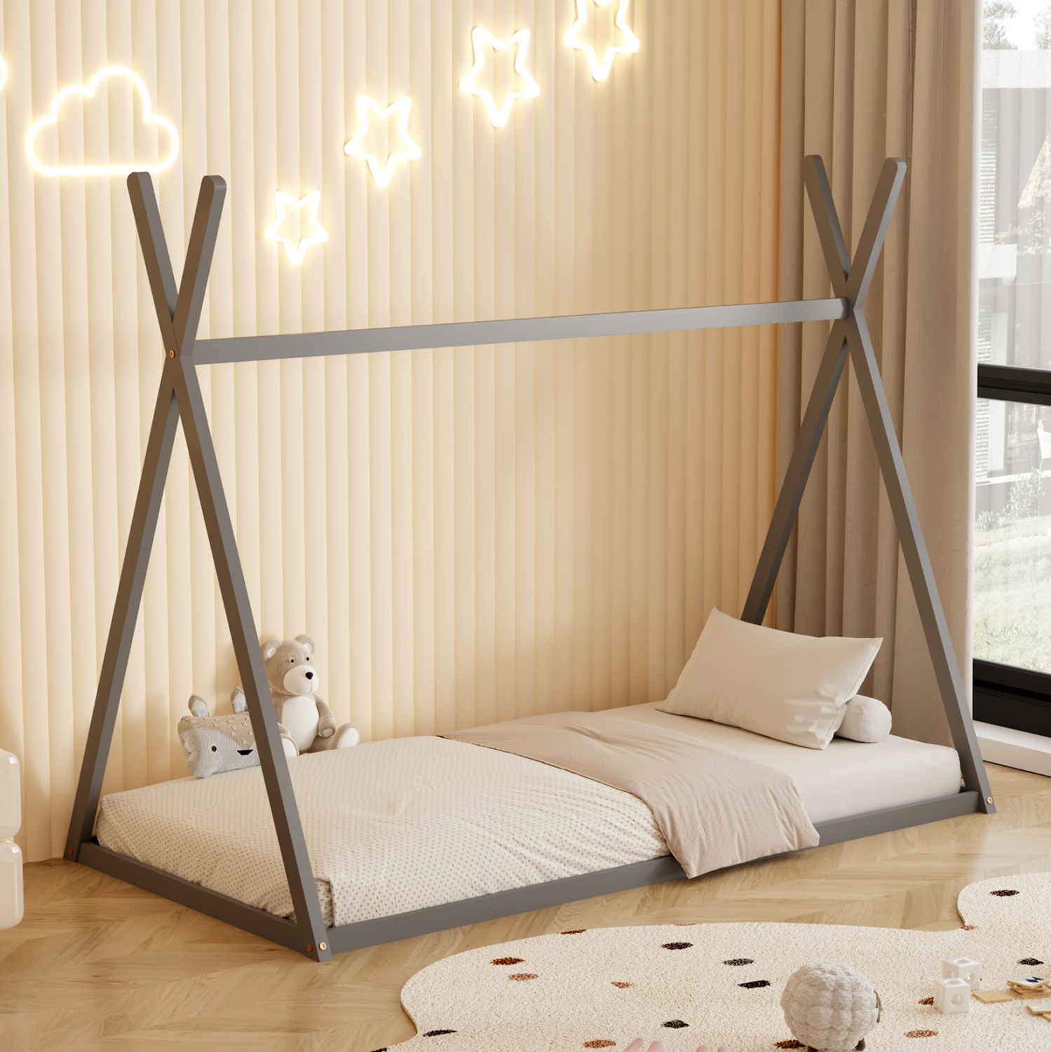 ΚΡΕΒΑΤΙ ΠΑΙΔΙΚΟ MUNK HM681.05 τ.MONTESSORI ΜΑΣΙΦ ΞΥΛΟ ΠΕΥΚΟΥ ΓΚΡΙ- 190x90εκ 4
