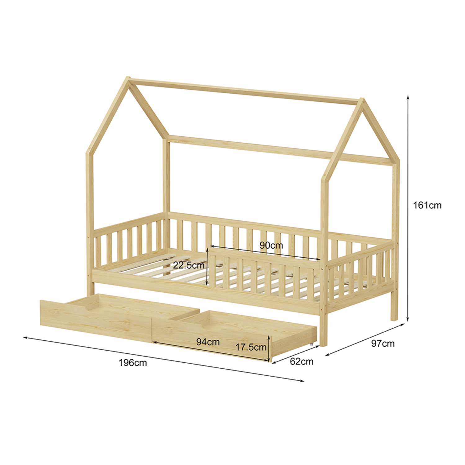 ΚΡΕΒΑΤΙ ΠΑΙΔΙΚΟ ΜΕ ΣΥΡΤΑΡΙΑ PHYLLIS HM724.01 τ.MONTESSORI ΦΥΣΙΚΟ 196x97x161Υεκ. 3