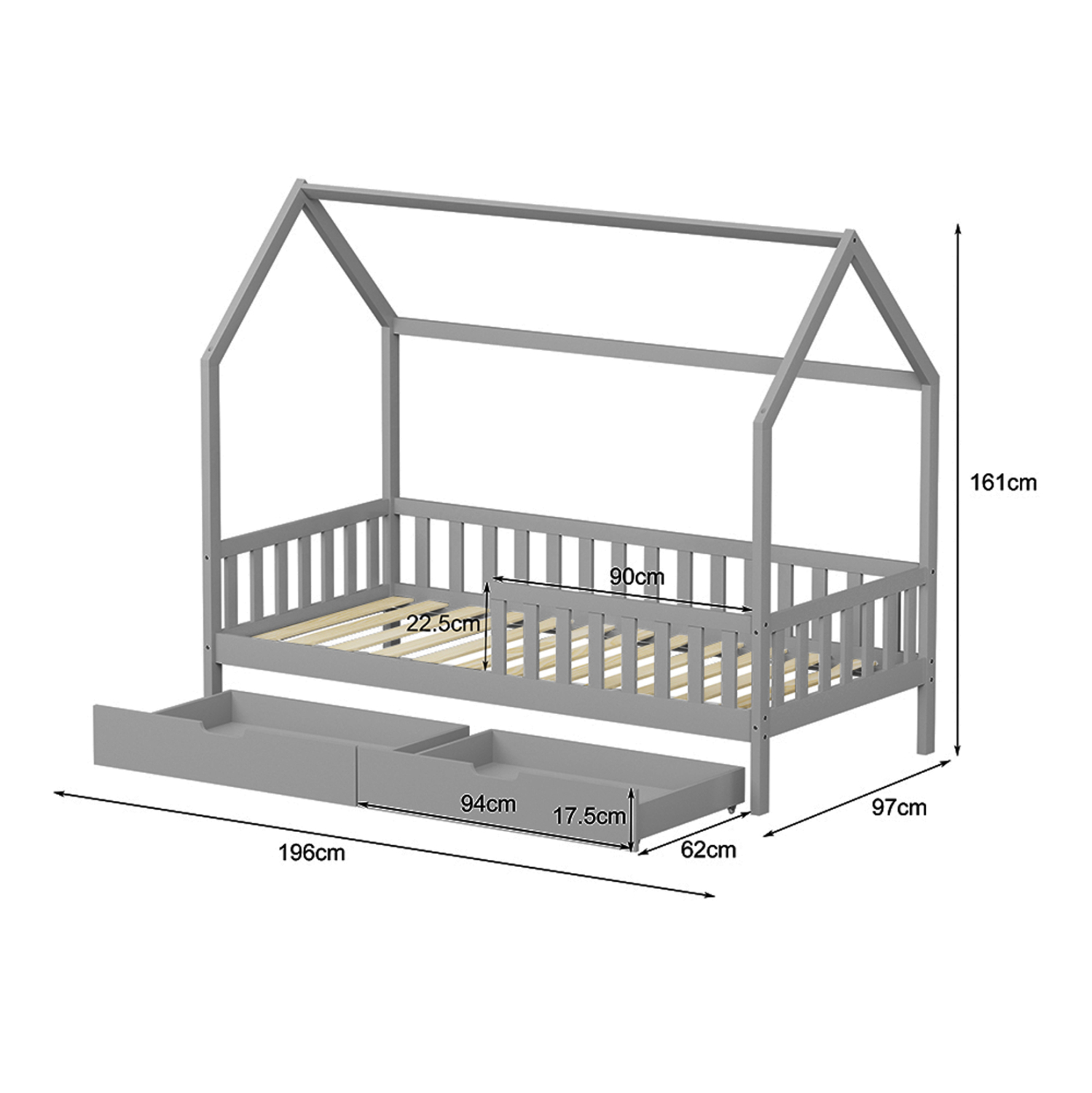 ΚΡΕΒΑΤΙ ΠΑΙΔΙΚΟ ΜΕ ΣΥΡΤΑΡΙΑ PHYLLIS HM724.05 τ.MONTESSORI ΓΚΡΙ 196x97x161Υεκ. 3