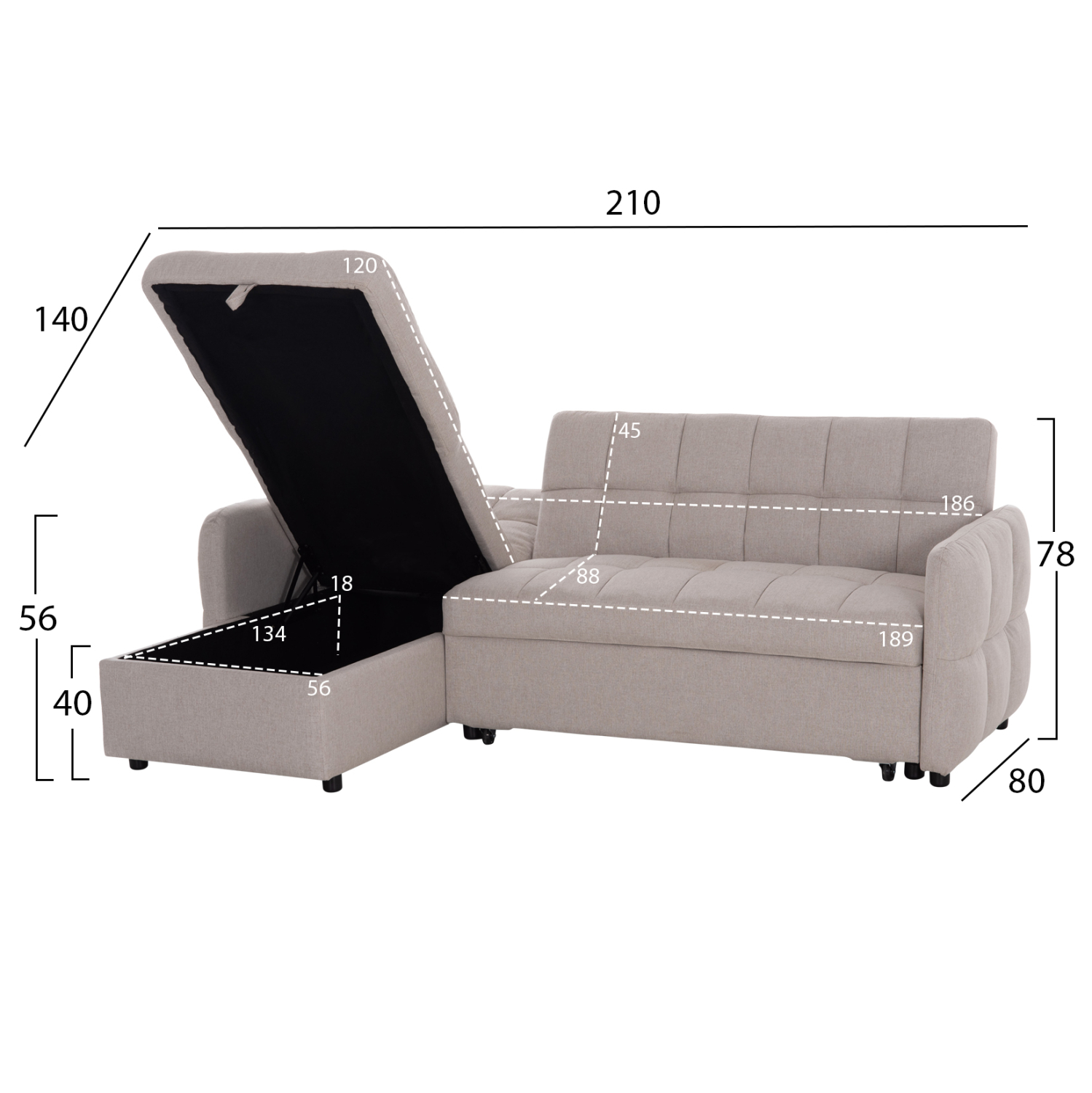 ΓΩΝΙΑΚΟΣ ΚΑΝΑΠΕΣ-ΚΡΕΒΑΤΙ ΑΝΑΣΤΡΕΨΙΜΟΣ NEZU HM3294.02 ΜΠΕΖ ΥΦΑΣΜΑ 210x140x78Υεκ. 2