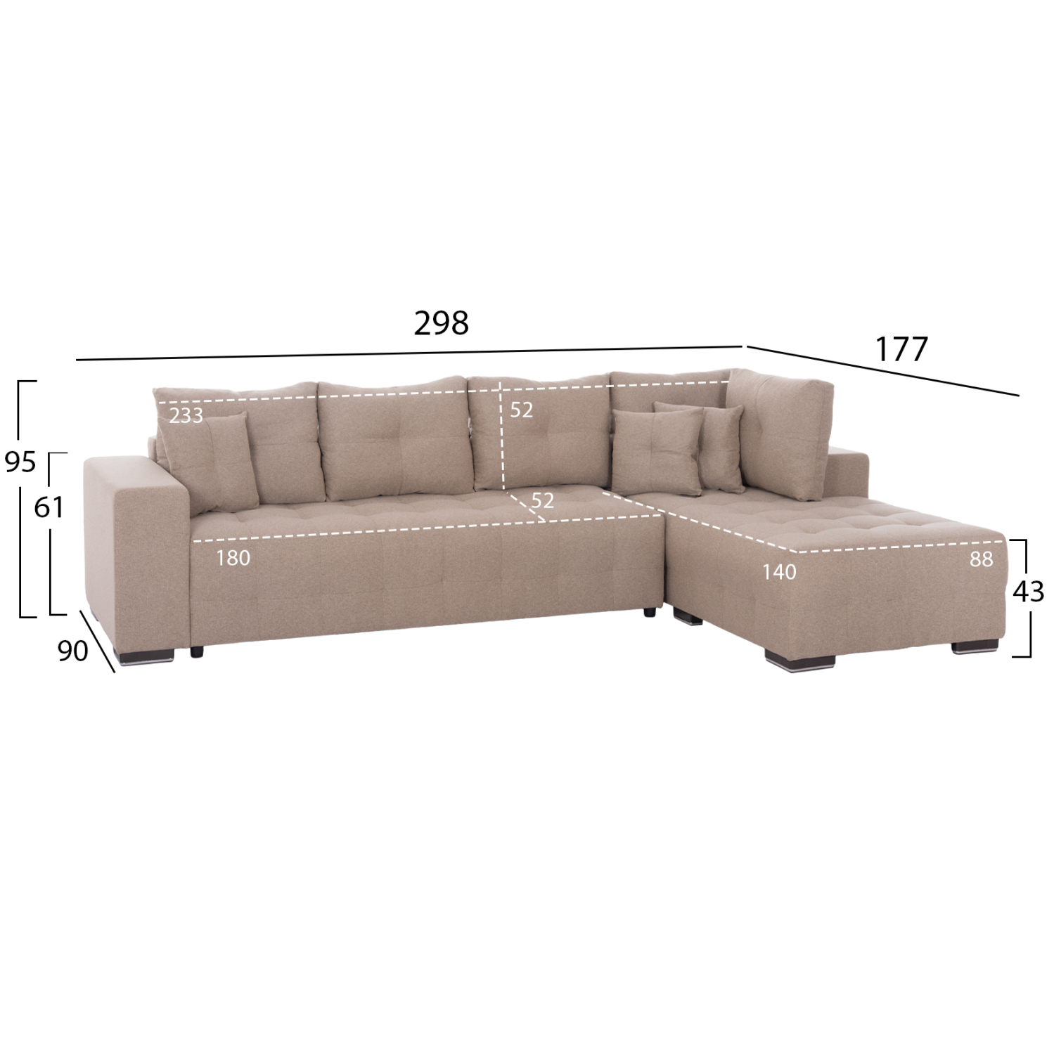 ΓΩΝΙΑΚΟΣ ΚΑΝΑΠΕΣ-ΚΡΕΒΑΤΙ ΜΕ ΑΠΟΘ.ΧΩΡΟ TRENDSTON HM3302.03R ΜΠΕΖ ΥΦΑΣΜΑ 298x177x95Υεκ 2