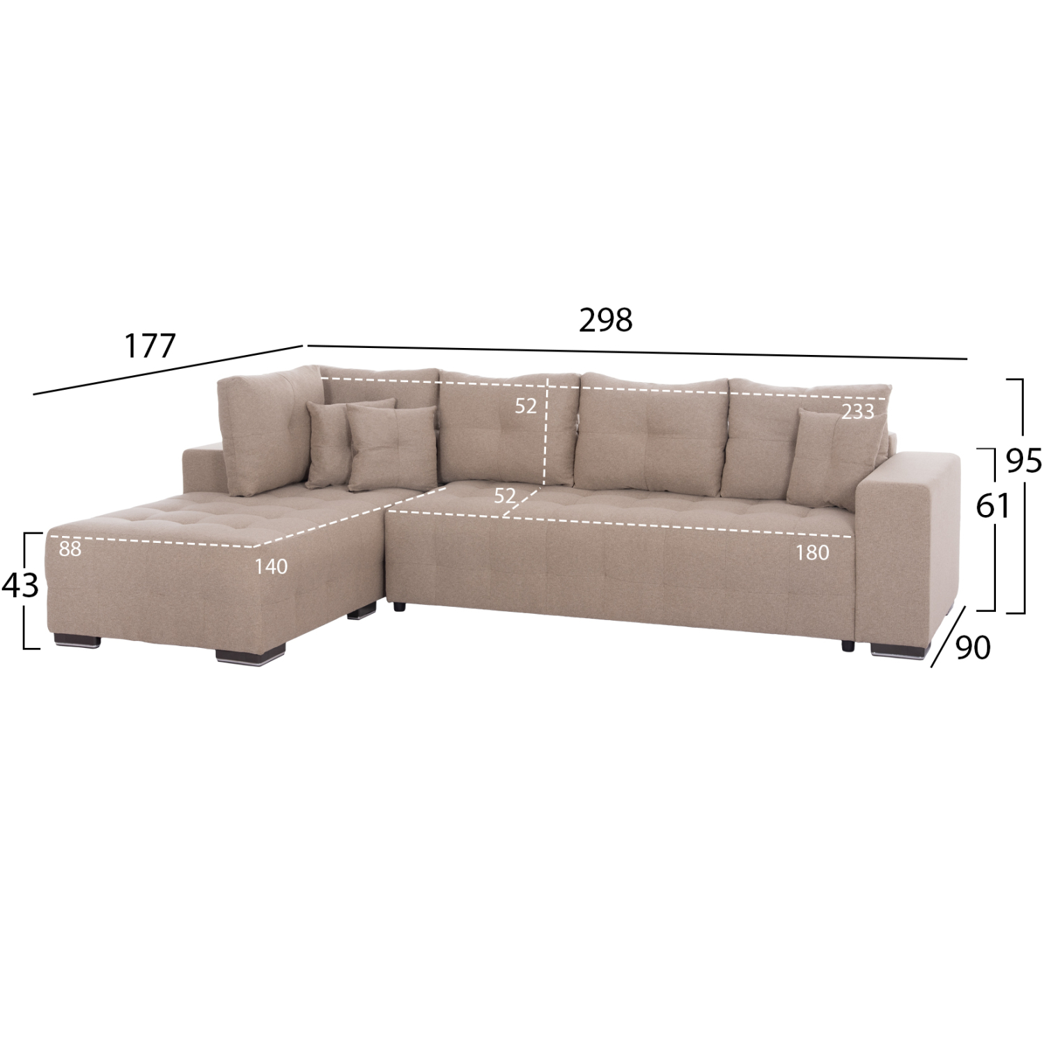 ΓΩΝΙΑΚΟΣ ΚΑΝΑΠΕΣ-ΚΡΕΒΑΤΙ ΜΕ ΑΠΟΘ.ΧΩΡΟ TRENDSTON HM3302.03L ΜΠΕΖ ΥΦΑΣΜΑ 298x177x95Υεκ 2
