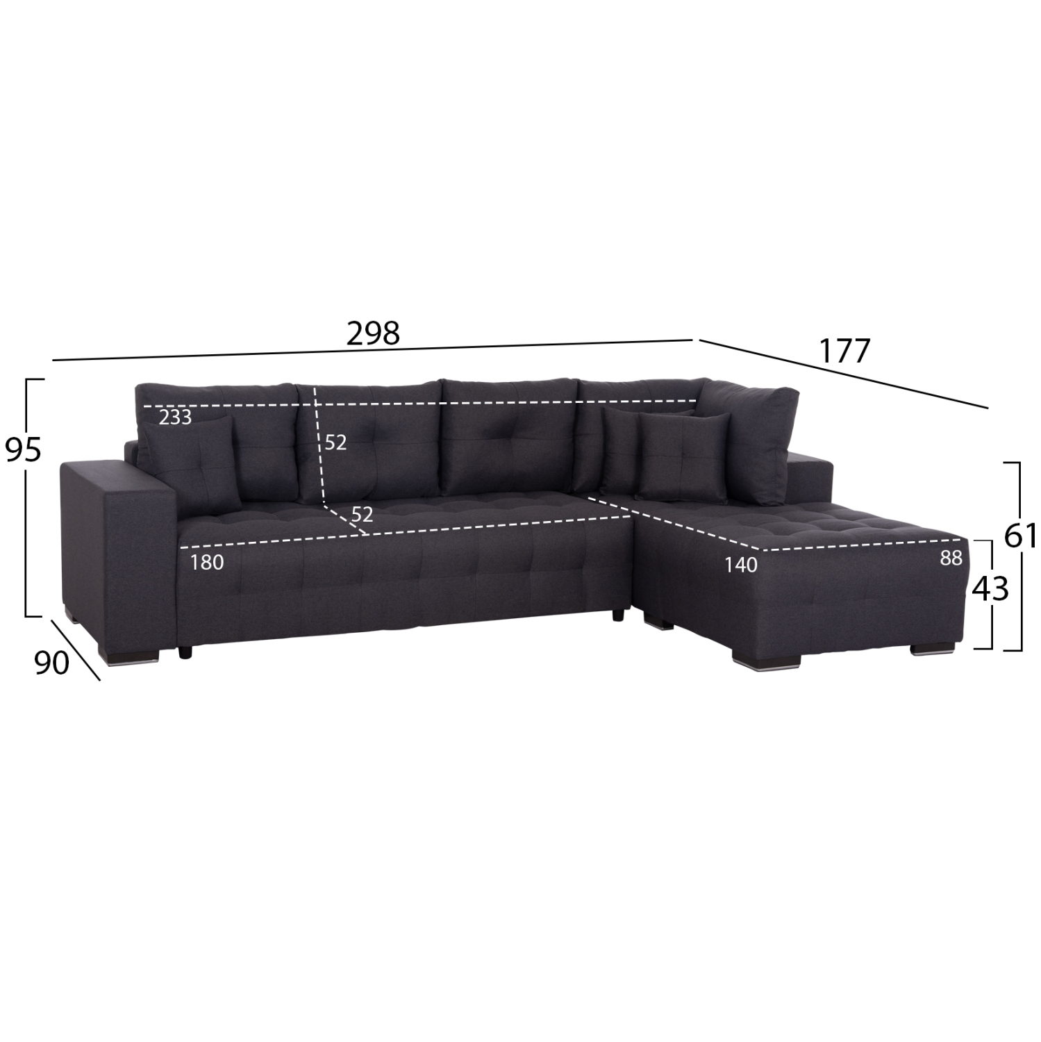 ΓΩΝΙΑΚΟΣ ΚΑΝΑΠΕΣ-ΚΡΕΒΑΤΙ ΜΕ ΑΠΟΘ.ΧΩΡΟ TRENDSTON HM3302.01R ΓΚΡΙ ΥΦΑΣΜΑ 298x177x95Υεκ 2