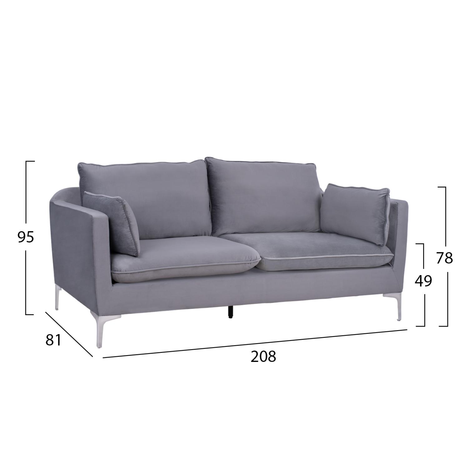 ΚΑΝΑΠΕΣ KAREN 3ΘΕΣΙΟΣ ΓΚΡΙ ΒΕΛΟΥΔΟ &amp; ΜΕΤΑΛΛΙΚΑ ΠΟΔΙΑ ΧΡΩΜΙΟΥ HM3136.31 208x81x95 εκ. 2