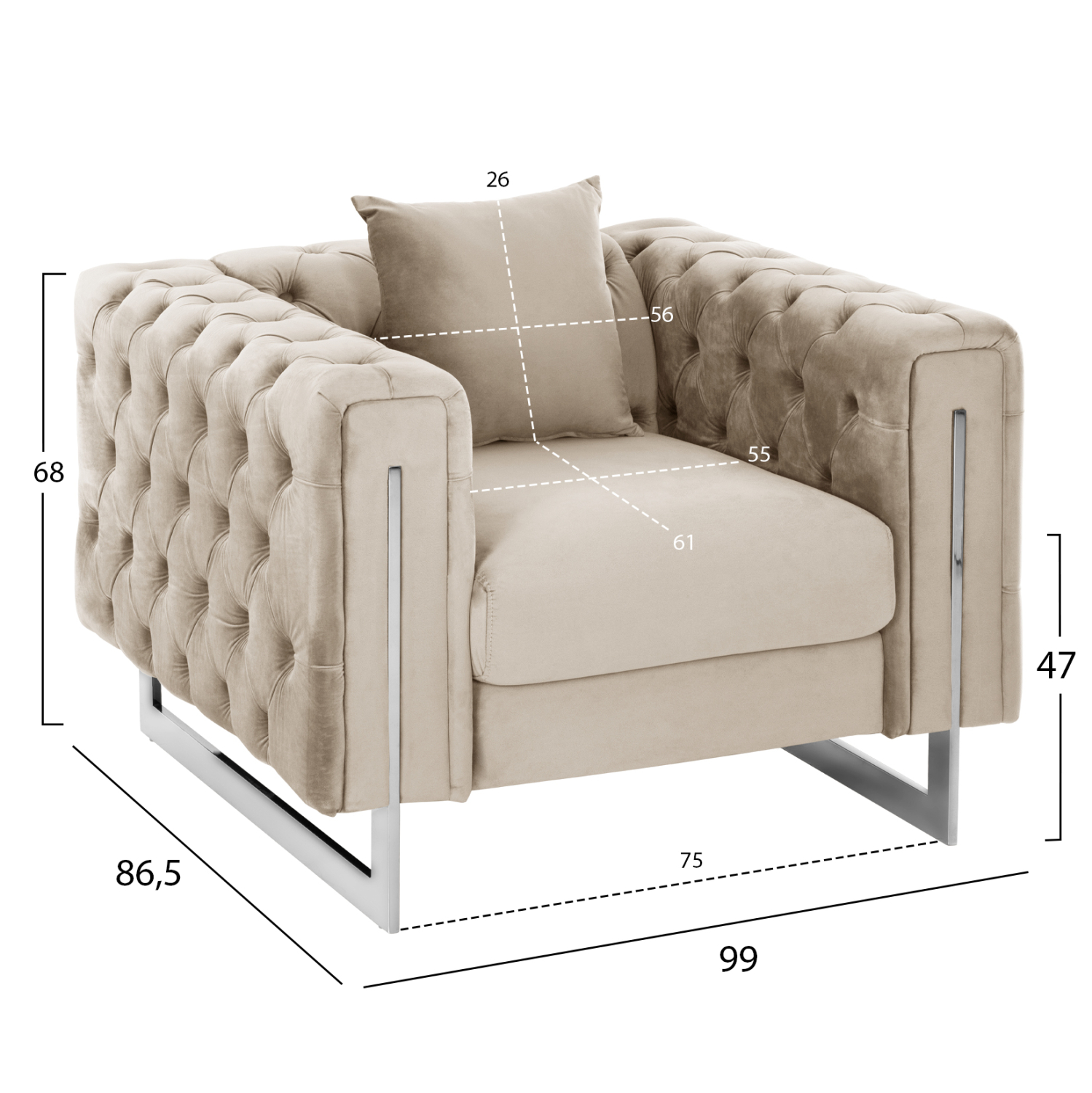 ΠΟΛΥΘΡΟΝΑ τ.CHESTERFIELD MOBAR HM3261.02 ΚΡΕΜ ΒΕΛΟΥΔΟ-ΜΕΤΑΛΛΙΚΑ ΠΟΔΙΑ 99x86,5x77Υεκ. 2