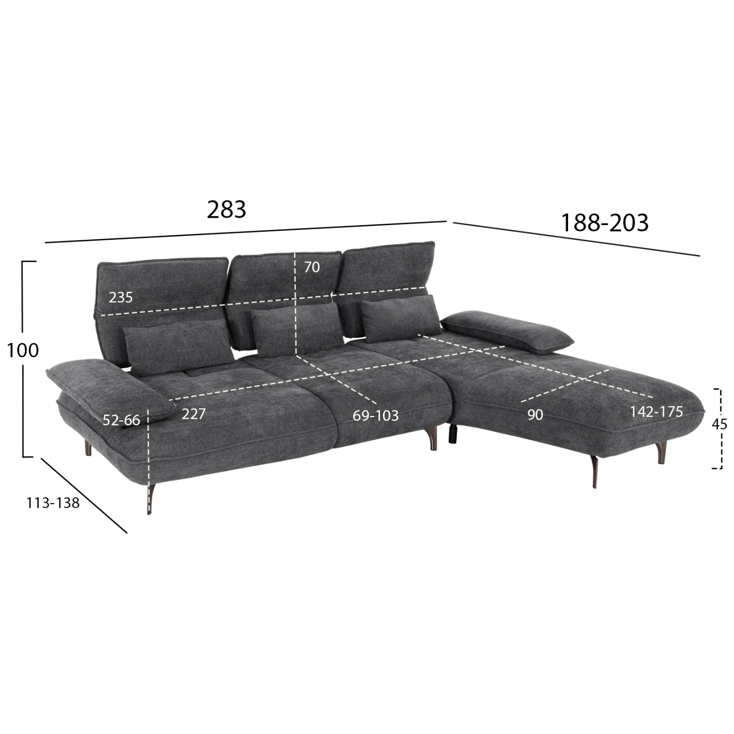 ΓΩΝΙΑΚΟΣ ΚΑΝΑΠΕΣ (ΔΕΞΙΑ) CONVERT HM3268.03R ΓΚΡΙ ΥΦΑΣΜΑ 283x188x100Υεκ. 2