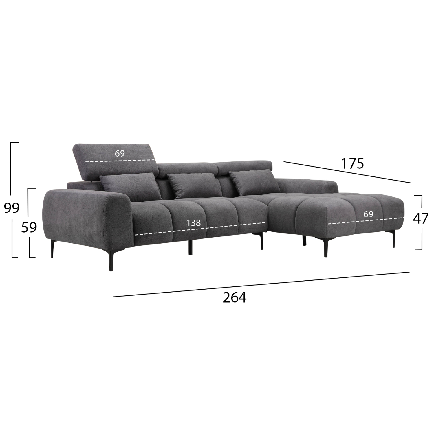 ΚΑΝΑΠΕΣ ΔΕΞΙΑ ΓΩΝΙΑ DIVYA HM3267.02R ΣΥΝΘ.SUEDE ΓΚΡΙ 264x175x99Υεκ. 2