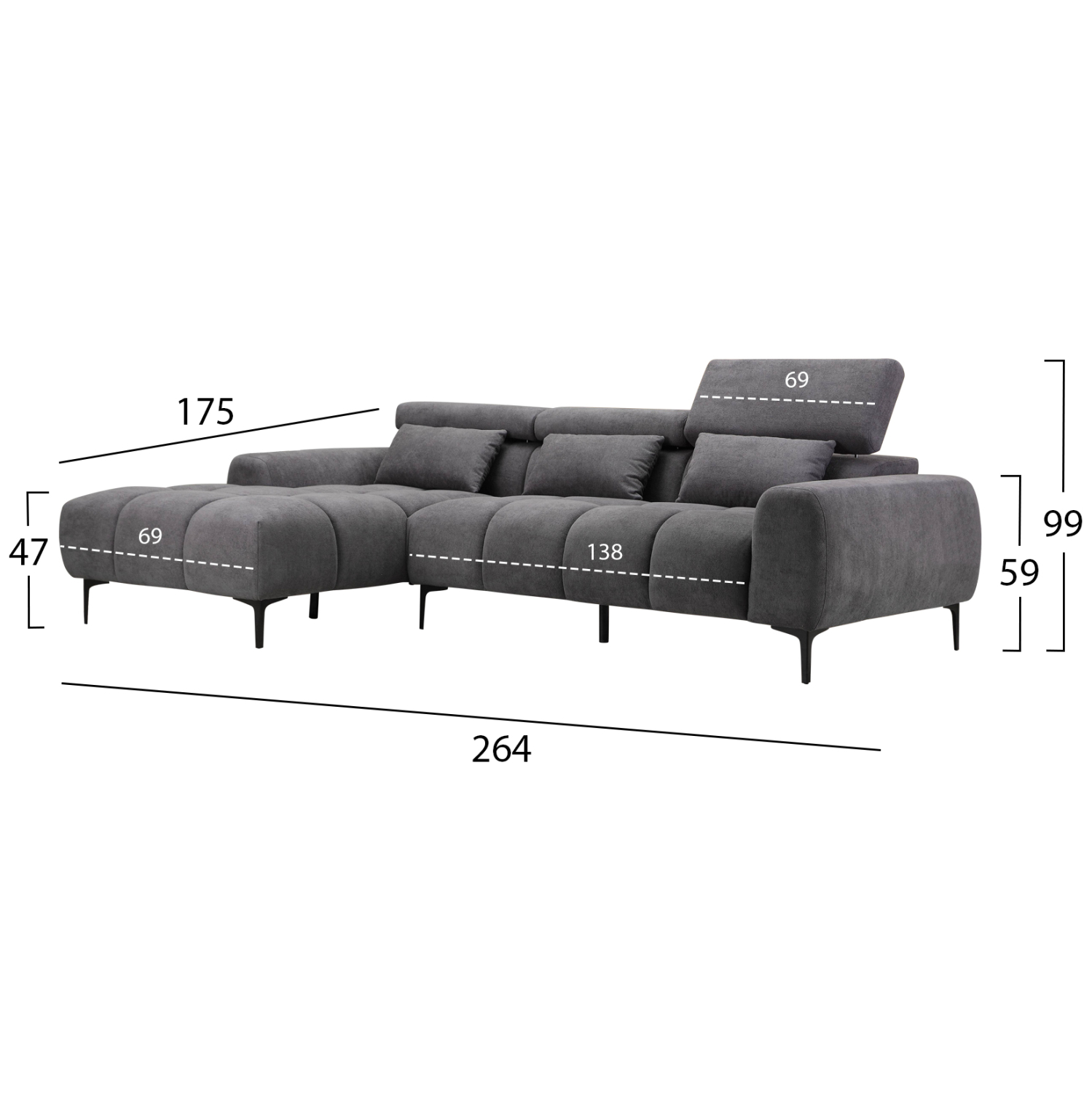 ΚΑΝΑΠΕΣ ΑΡΙΣΤΕΡΗ ΓΩΝΙΑ DIVYA HM3267.02L ΣΥΝΘ.SUEDE ΓΚΡΙ 264x175x99Υεκ. 2
