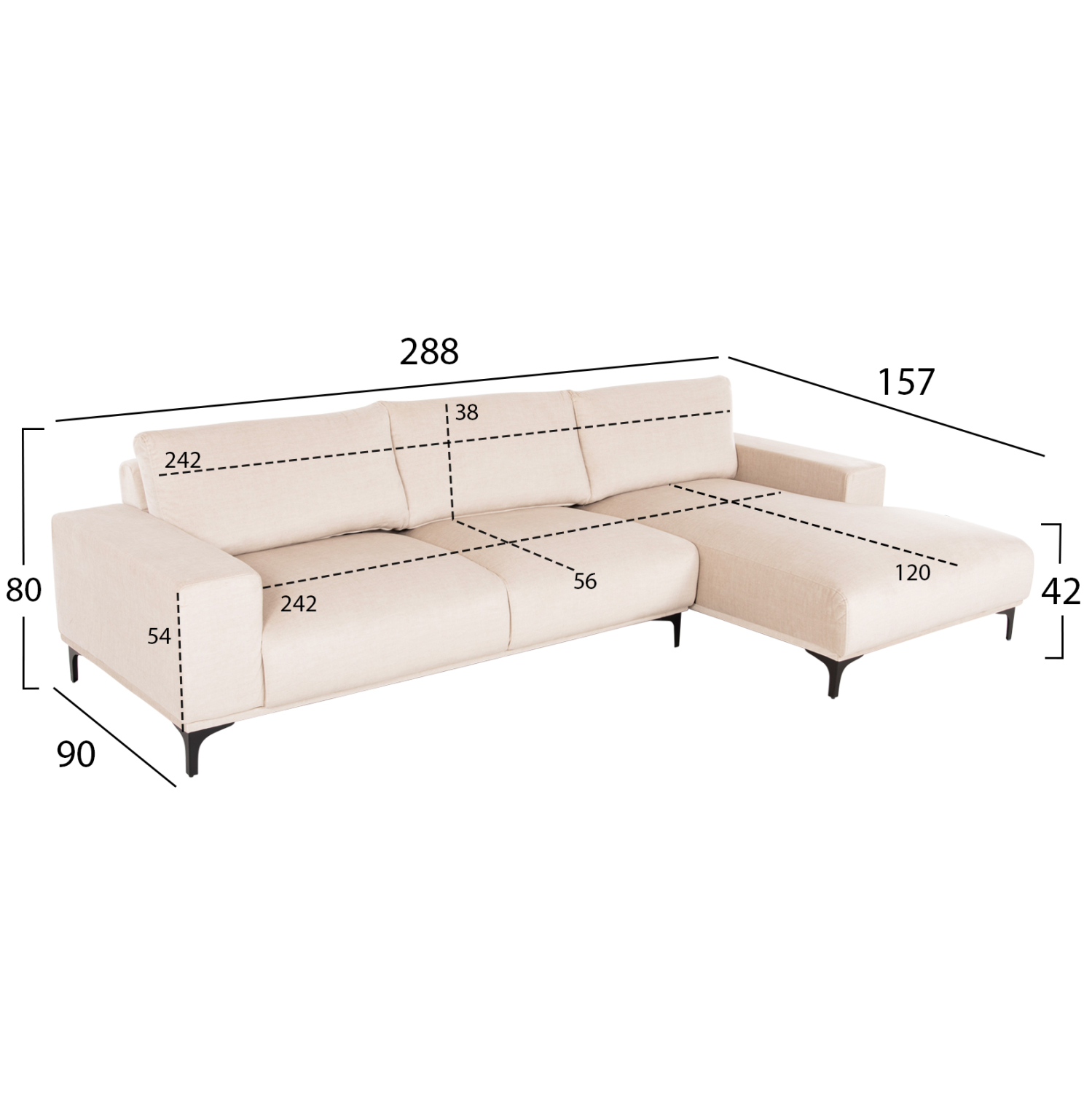 ΚΑΝΑΠΕΣ ΓΩΝΙΑ (ΔΕΞΙΑ) NOA HM3278.01R ΕΚΡΟΥ ΥΦΑΣΜΑ 288x90-157x67-80Υεκ. 2
