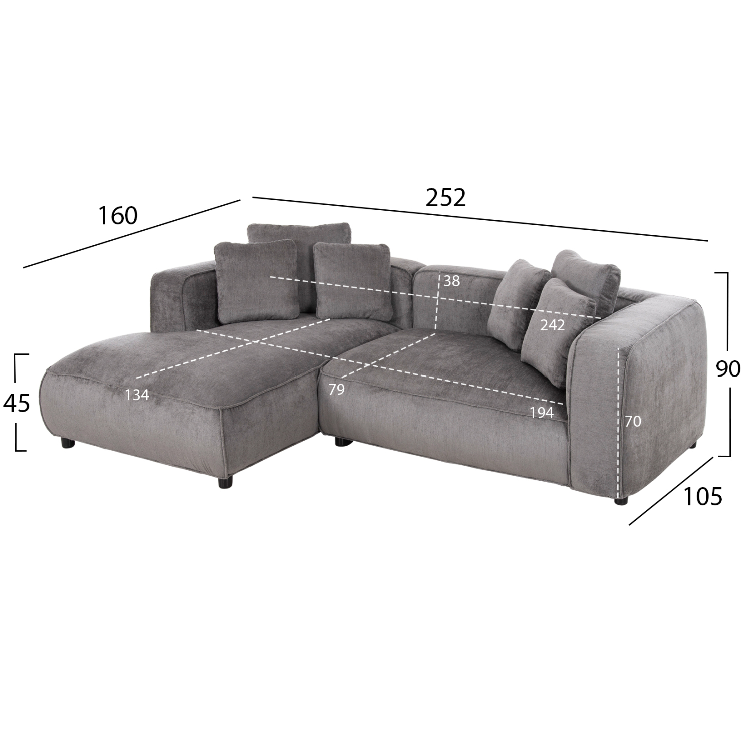 ΚΑΝΑΠΕΣ ΓΩΝΙΑ (ΑΡΙΣΤΕΡΗ) 3-ΘΕΣΙΟΣ GRACE HM3280.03L ΓΚΡΙ ΥΦΑΣΜΑ 252x160x70-90Υεκ 2
