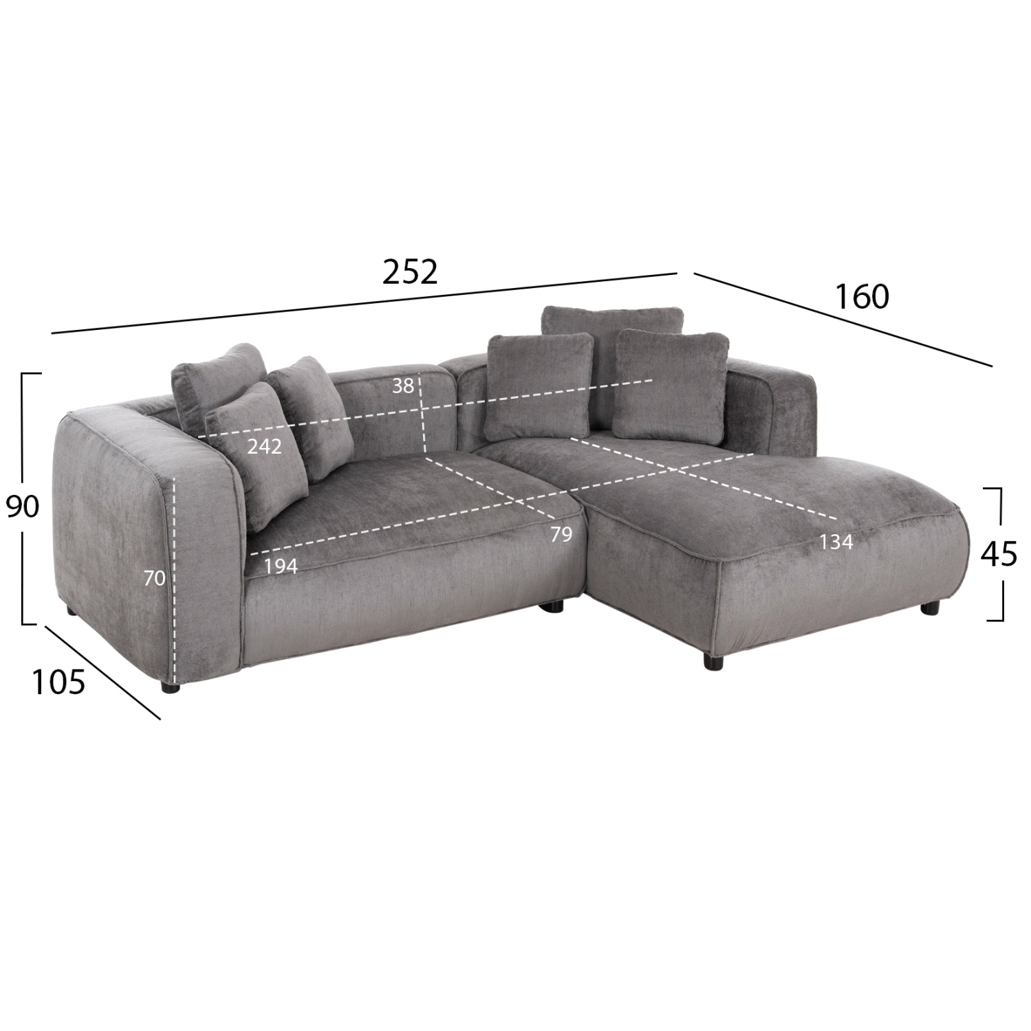 ΚΑΝΑΠΕΣ ΓΩΝΙΑ 3-ΘΕΣΙΟΣ GRACE HM3280.03R ΓΚΡΙ ΥΦΑΣΜΑ 252x105-160x70-90Υεκ. 2