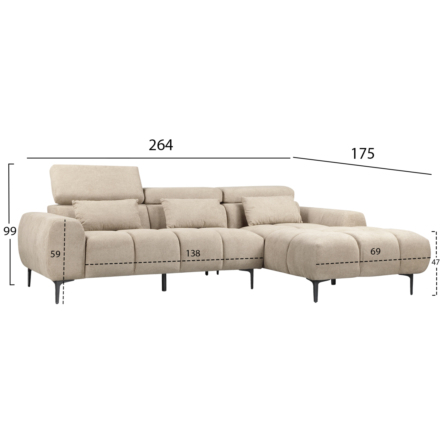 ΚΑΝΑΠΕΣ ΔΕΞΙΑ ΓΩΝΙΑ DIVYA HM3267.11R ΜΠΕΖ ΥΦΑΣΜΑ 264x175x99Υεκ. 2