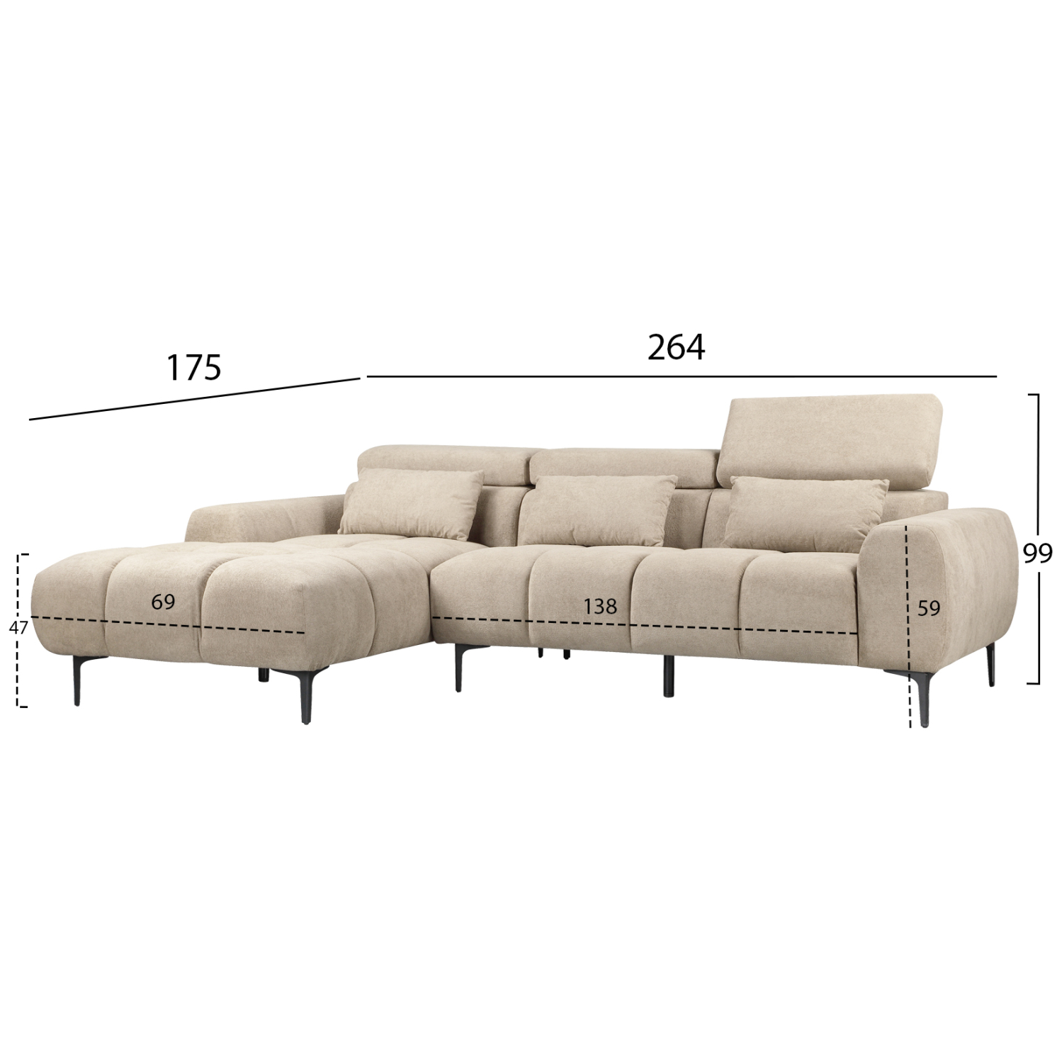 ΚΑΝΑΠΕΣ ΑΡΙΣΤΕΡΗ ΓΩΝΙΑ DIVYA HM3267.11L ΜΠΕΖ ΥΦΑΣΜΑ 264x175x99Υεκ. 2