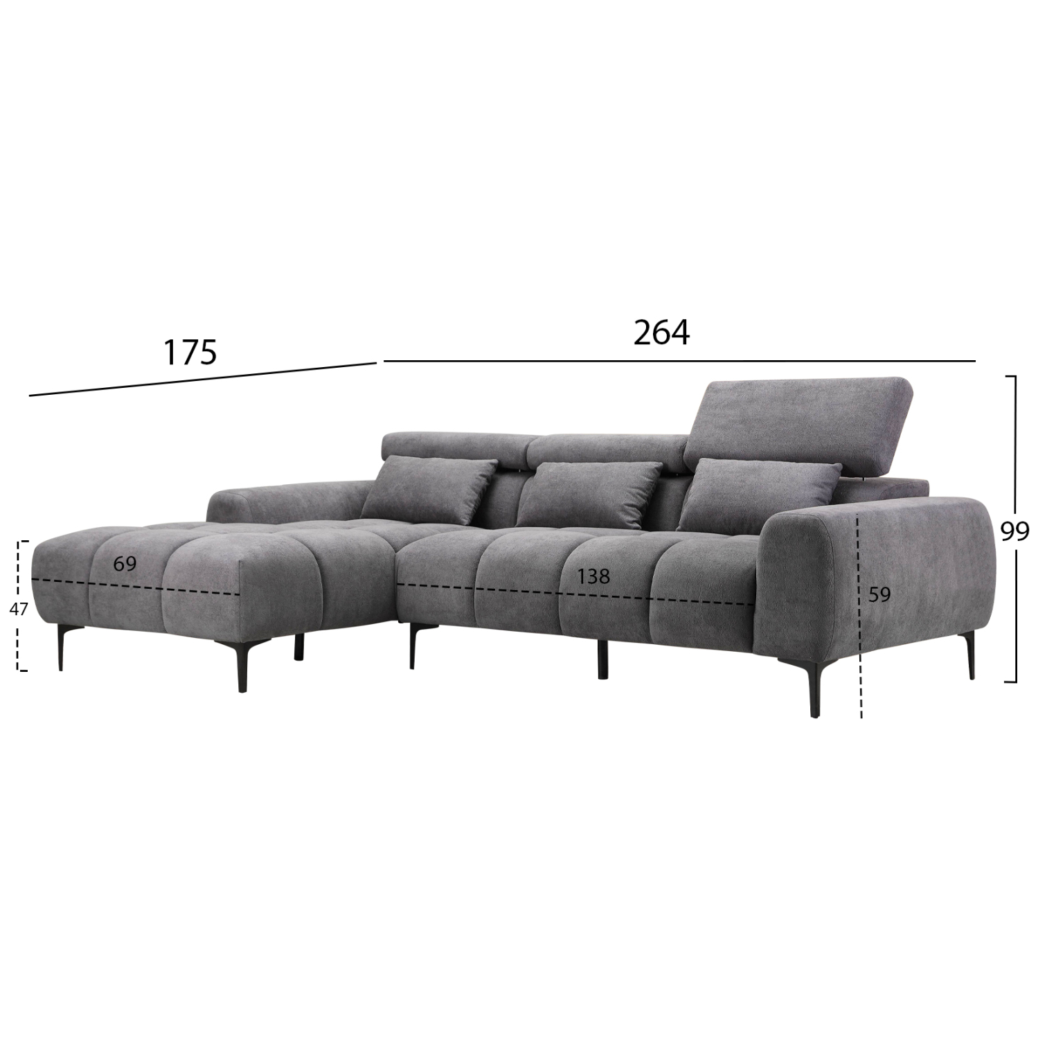 ΚΑΝΑΠΕΣ ΑΡΙΣΤΕΡΗ ΓΩΝΙΑ DIVYA HM3267.12L ΓΚΡΙ ΥΦΑΣΜΑ 264x175x99Υεκ. 2