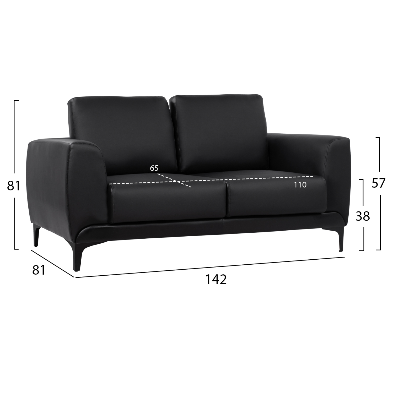 ΚΑΝΑΠΕΣ 2ΘΕΣΙΟΣ KENZIE HM3121.81 ΜΕ ΜΑΥΡΟ PU &amp; ΜΑΥΡΑ ΠΟΔΙΑ 142x81x81 εκ. 2