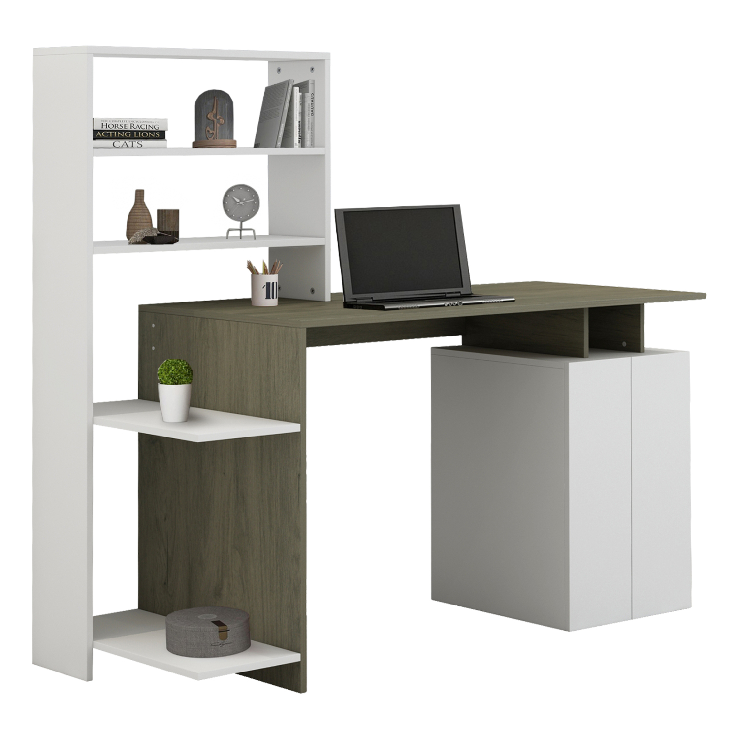 ΓΡΑΦΕΙΟ ΜΕ ΒΙΒΛΙΟΘΗΚΗ ROCHELL ΜΕΛΑΜΙΝΗ OLIVE GREY ΛΕΥΚΟ 146,3x55x128,8Υεκ.HM8886.11 1