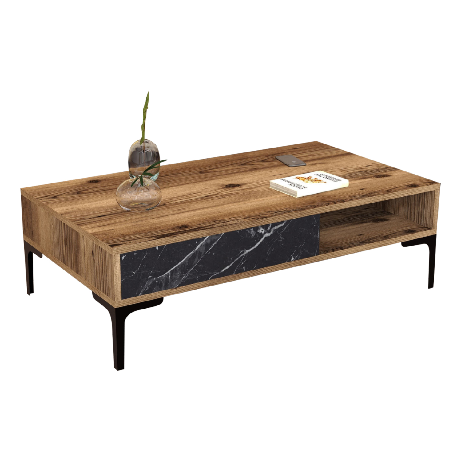 ΤΡΑΠΕΖΙ ΣΑΛΟΝΙΟΥ HM9503.04 ΜΕΛΑΜΙΝΗΣ ΚΑΡΥΔΙ-ΜΑΥΡΟ ΜΑΡΜΑΡΟ&amp;ΜΕΤΑΛ.ΠΟΔΙ 105x60x32.6Υεκ. 1