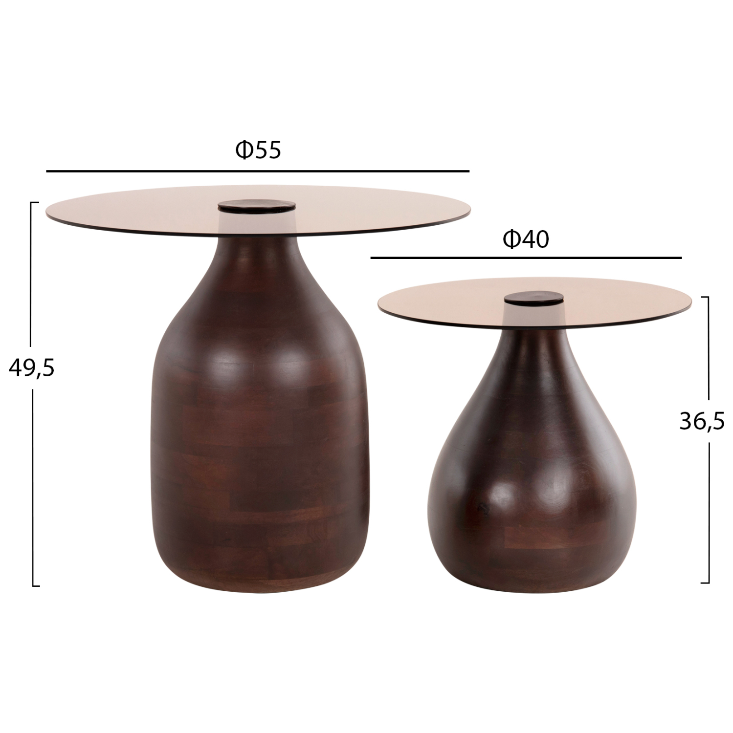 ΒΟΗΘΗΤΙΚΑ ΤΡΑΠΕΖΑΚΙΑ 2ΤΜΧ CHANG HM9668 ΞΥΛΟ MANGO-ΓΥΑΛΙ TOP Φ55x49,5Υ &amp; Φ40x36,5Υεκ. 2