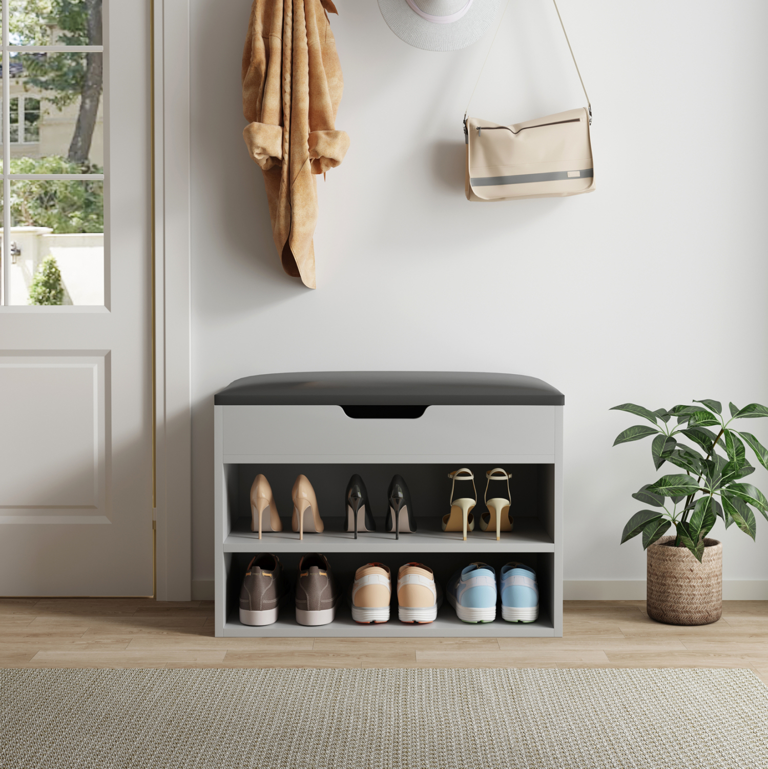 ΠΑΠΟΥΤΣΟΘΗΚΗ ΜΕ ΚΑΘΙΣΜΑ ROMIR HM2477.05 ΜΕΛΑΜΙΝΗ ΓΚΡΙ-ΚΑΘΙΣΜΑ PU ΑΝΘΡΑΚΙ 60x30x44Υ 5