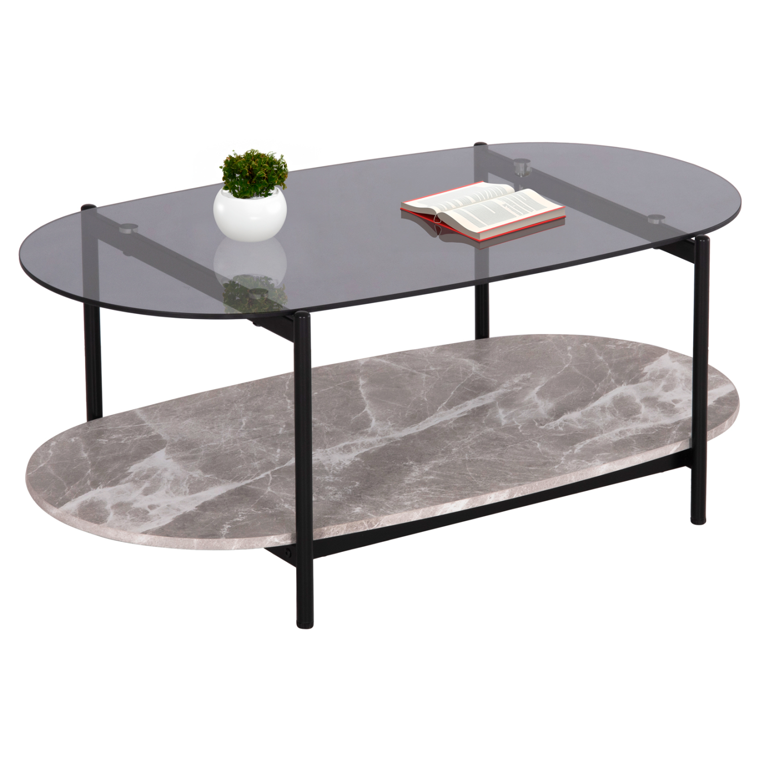 ΤΡΑΠΕΖΙ ΣΑΛΟΝΙΟΥ ΟΒΑΛ KITTY HM18040 ΓΥΑΛΙ ΦΙΜΕ TOP-GREY MARBLE ΜΕΛΑΜΙΝΗ 110x50x43Υεκ 1