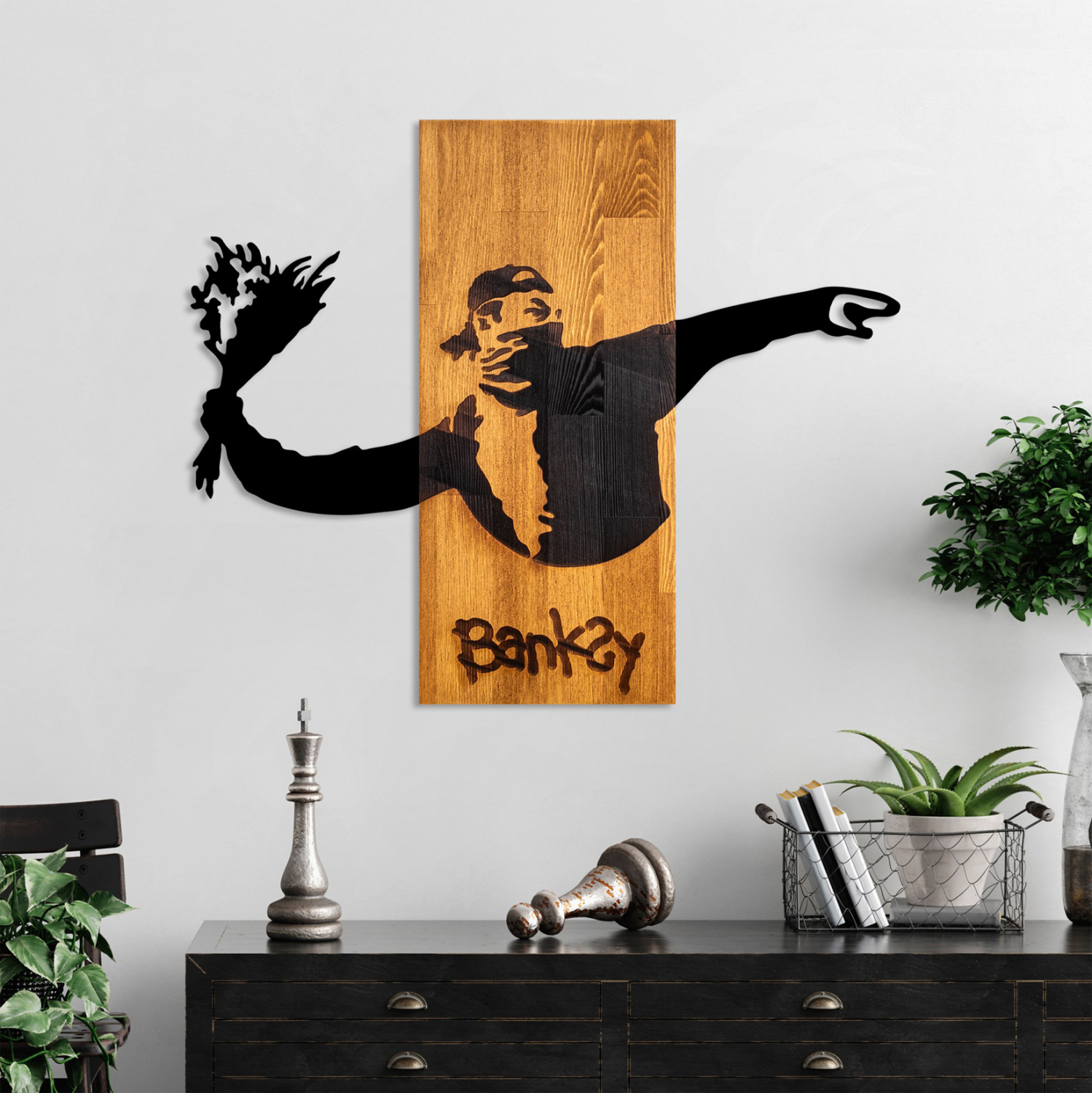 ΔΙΑΚΟΣΜΗΤΙΚΟ ΤΟΙΧΟΥ BANKSY HM4757-ΦΥΛΛΑ ΜΕΤΑΛΛΟΥ ΜΑΥΡΑ-ΞΥΛΟ 69x3(βάθος)x58Υεκ. 2